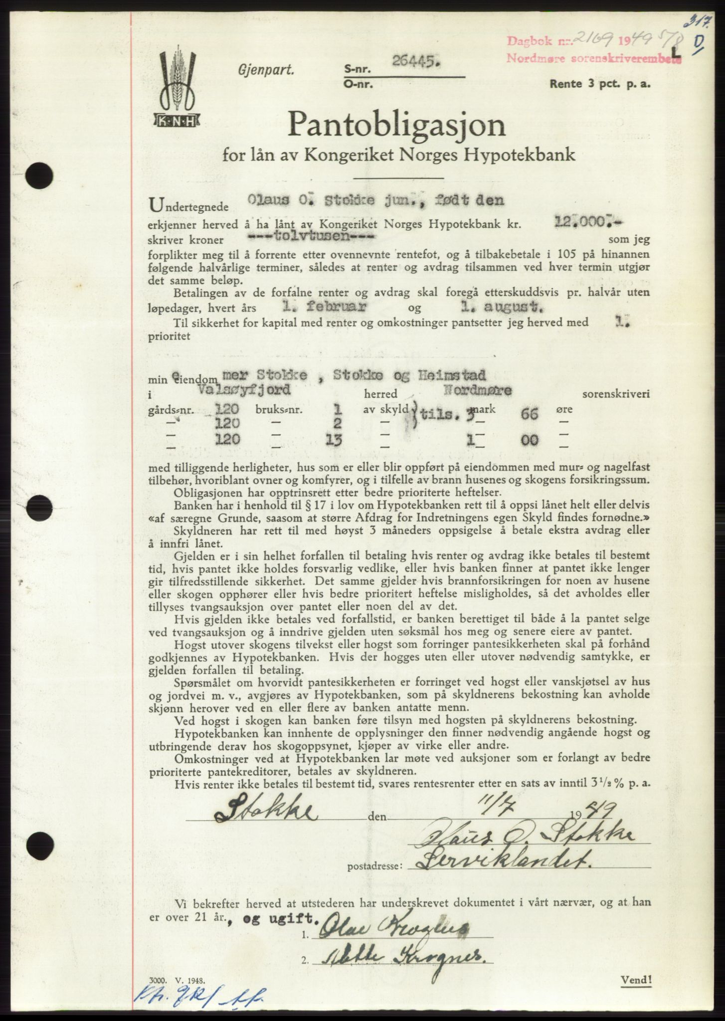 Nordmøre sorenskriveri, AV/SAT-A-4132/1/2/2Ca: Mortgage book no. B102, 1949-1949, Diary no: : 2169/1949