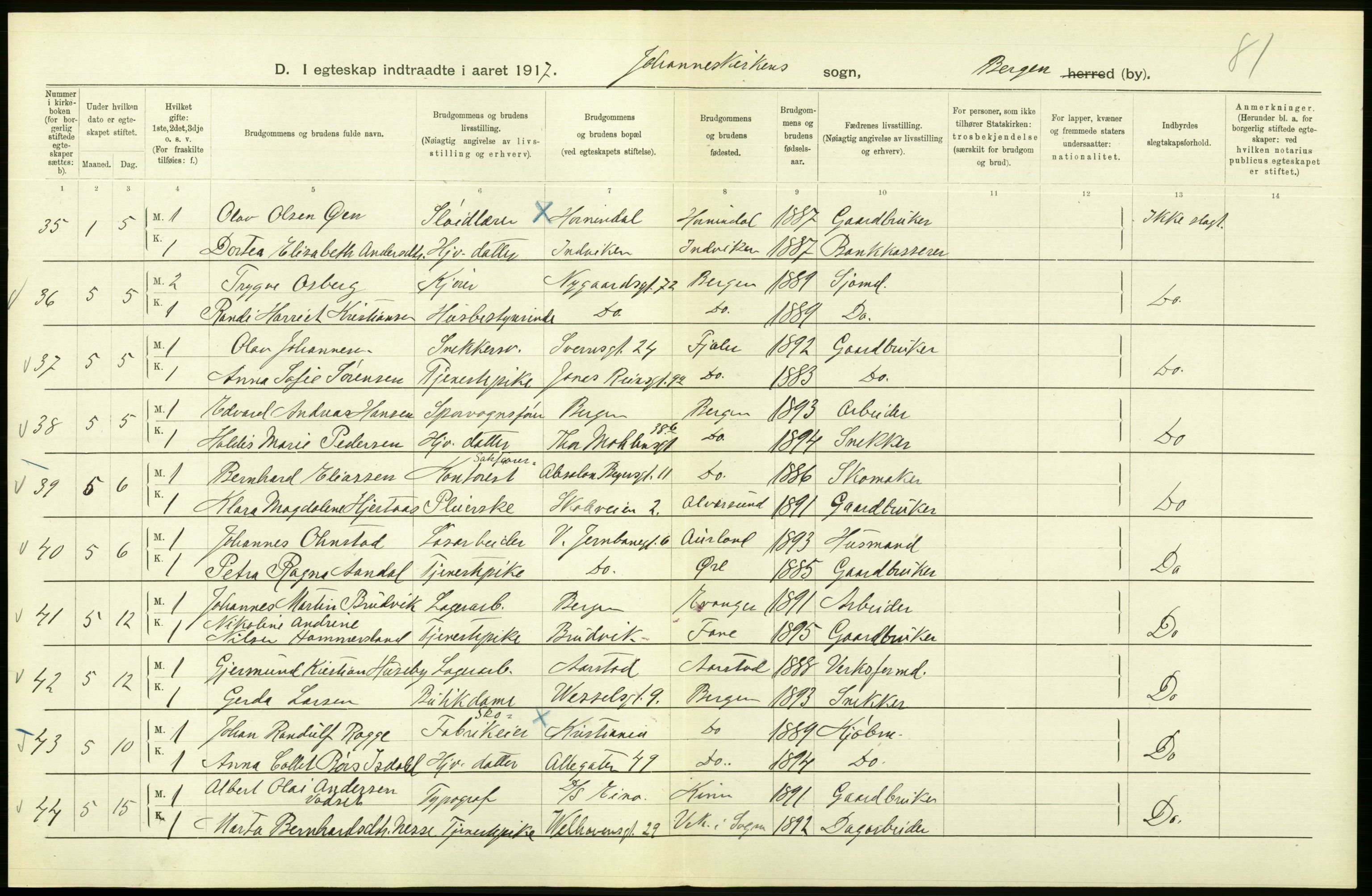 Statistisk sentralbyrå, Sosiodemografiske emner, Befolkning, AV/RA-S-2228/D/Df/Dfb/Dfbg/L0038: Bergen: Gifte, døde, dødfødte., 1917, p. 90