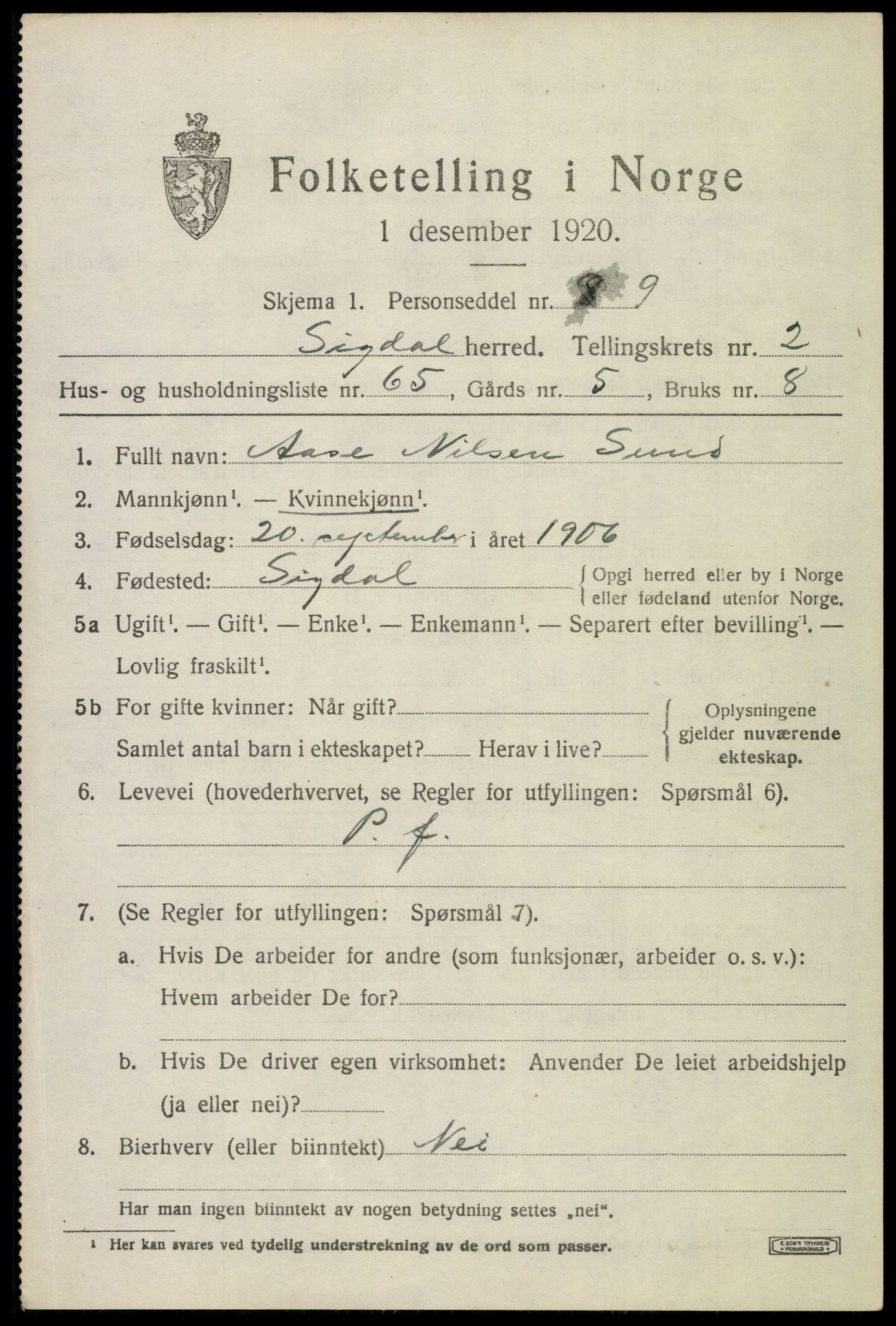 SAKO, 1920 census for Sigdal, 1920, p. 2768