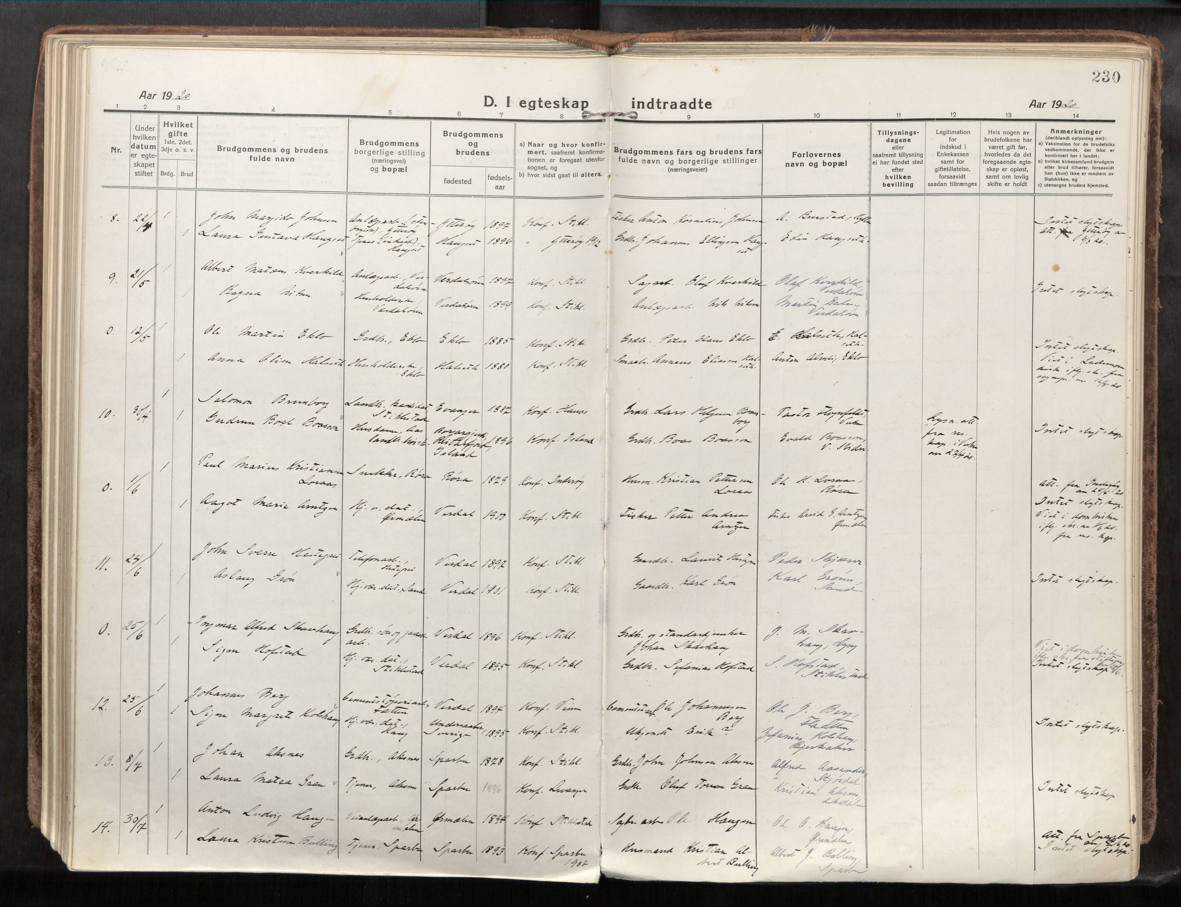 Verdal sokneprestkontor, SAT/A-1156/2/H/Haa/L0001: Parish register (official) no. 1, 1917-1932, p. 230