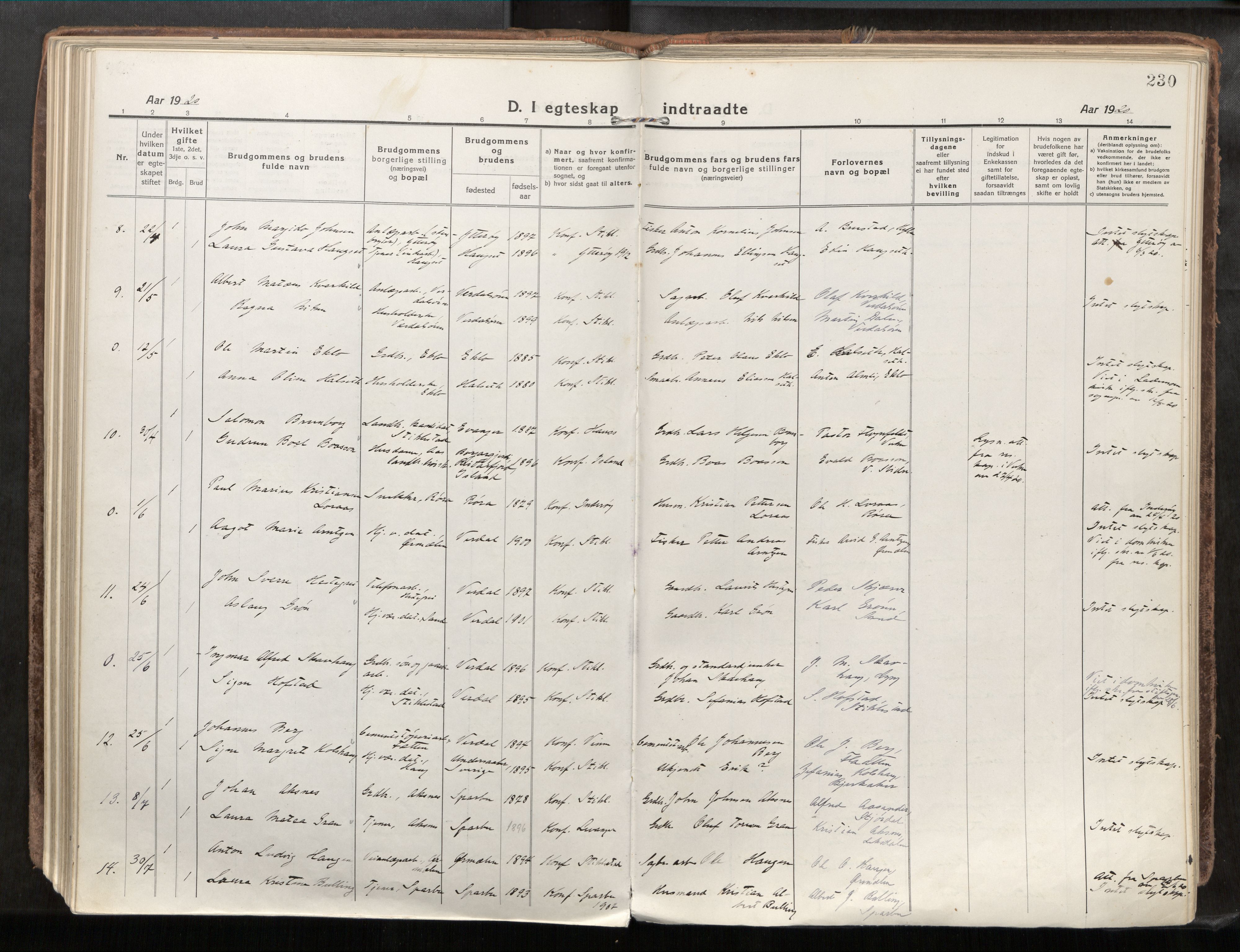 Verdal sokneprestkontor, AV/SAT-A-1156/2/H/Haa/L0001: Parish register (official) no. 1, 1917-1932, p. 230