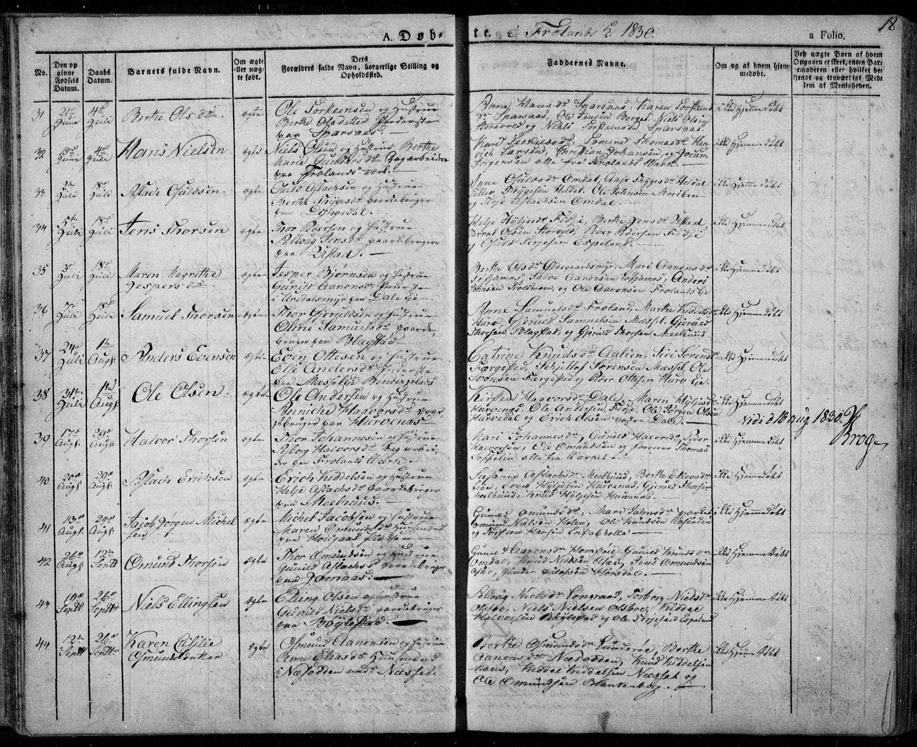 Froland sokneprestkontor, AV/SAK-1111-0013/F/Fa/L0001: Parish register (official) no. A 1, 1827-1844, p. 18
