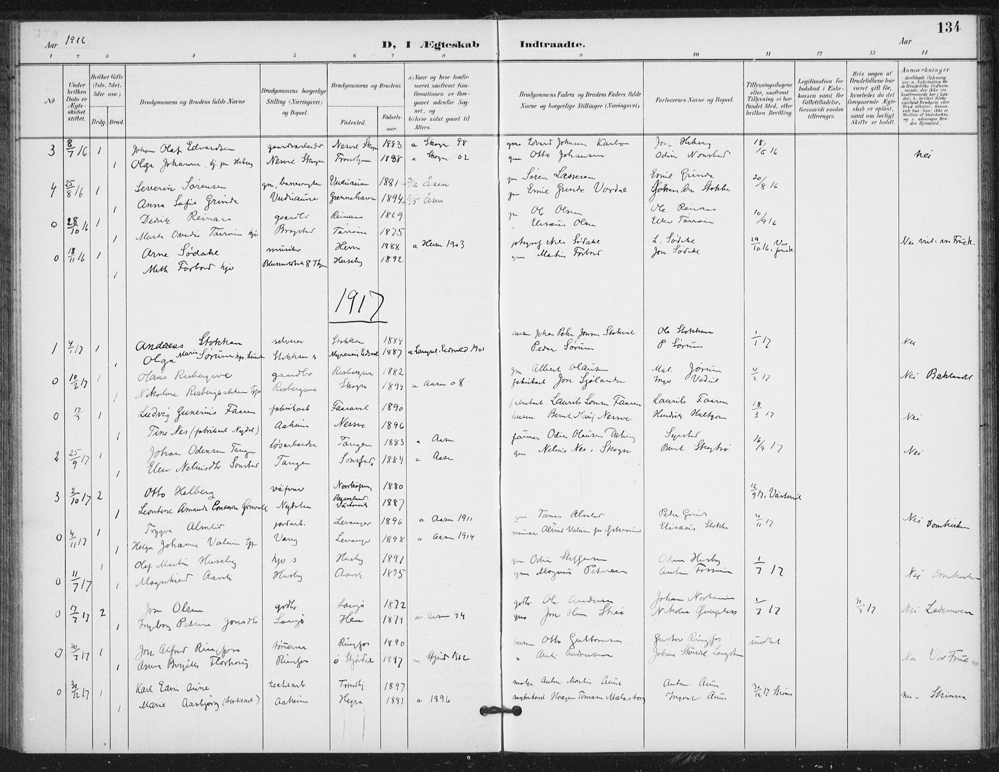 Ministerialprotokoller, klokkerbøker og fødselsregistre - Nord-Trøndelag, SAT/A-1458/714/L0131: Parish register (official) no. 714A02, 1896-1918, p. 134