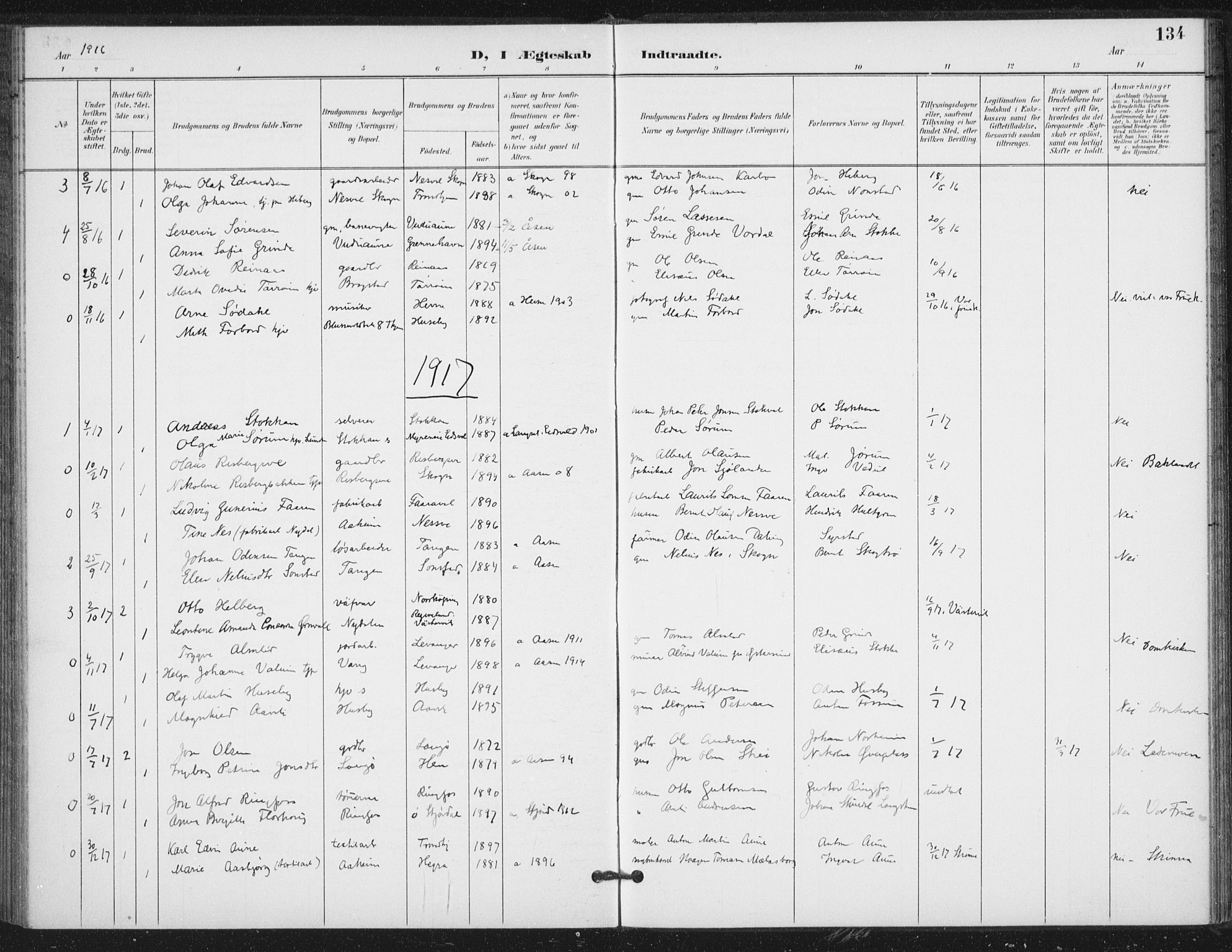 Ministerialprotokoller, klokkerbøker og fødselsregistre - Nord-Trøndelag, AV/SAT-A-1458/714/L0131: Parish register (official) no. 714A02, 1896-1918, p. 134