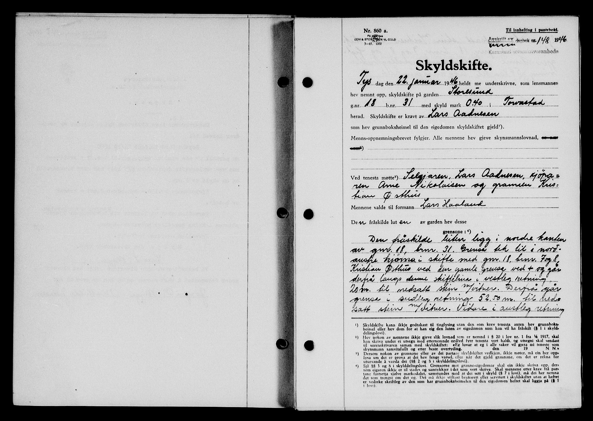 Karmsund sorenskriveri, AV/SAST-A-100311/01/II/IIB/L0085: Mortgage book no. 66A, 1946-1946, Diary no: : 148/1946