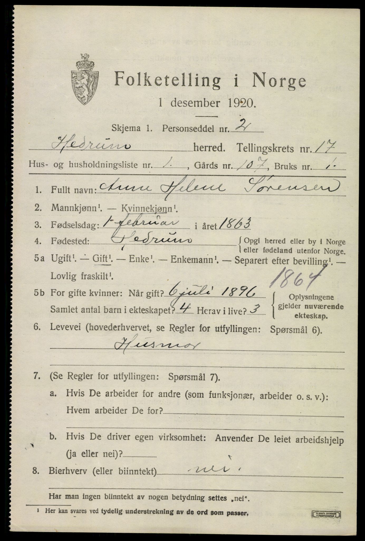 SAKO, 1920 census for Hedrum, 1920, p. 10523