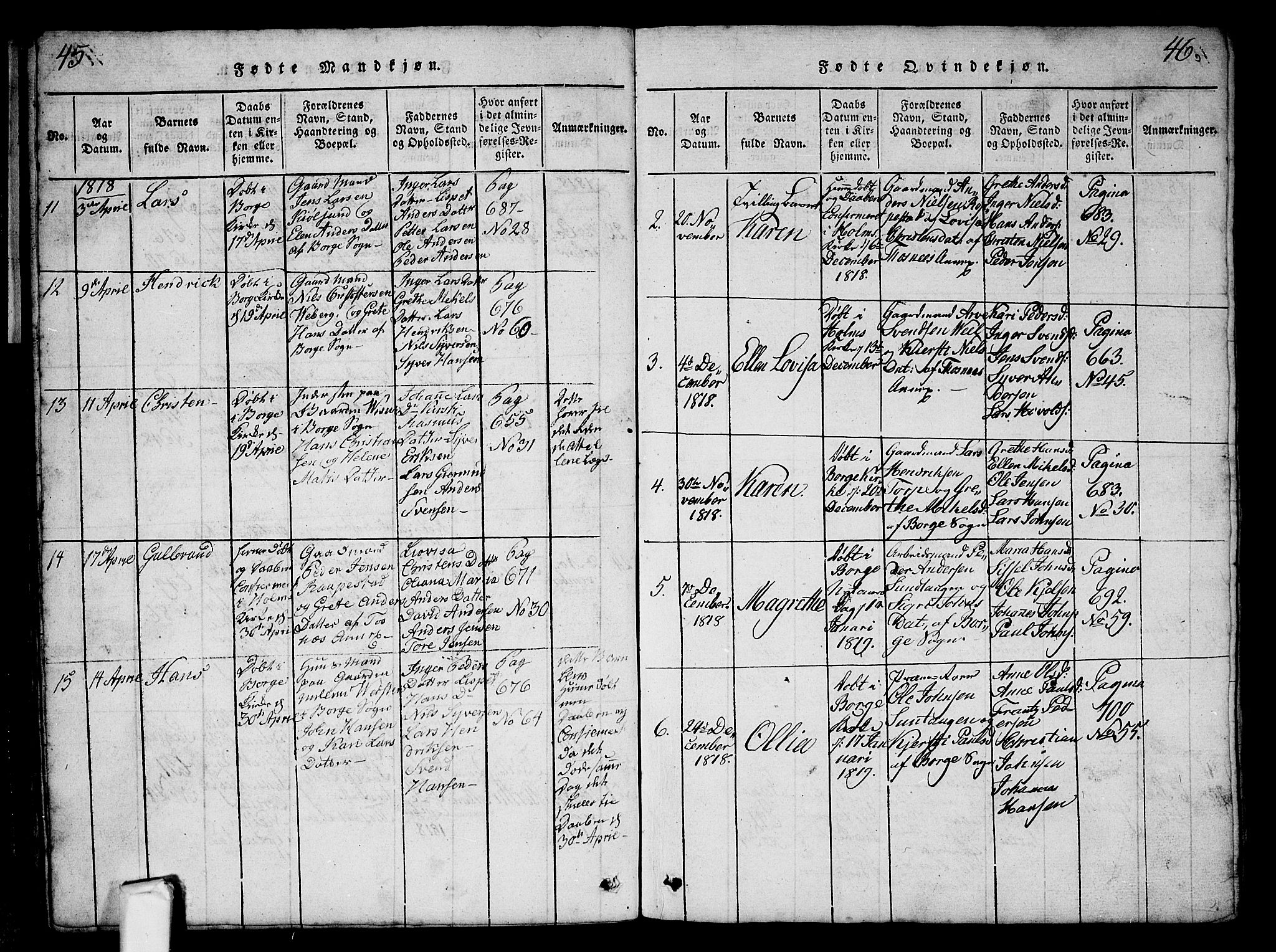 Borge prestekontor Kirkebøker, AV/SAO-A-10903/G/Ga/L0001: Parish register (copy) no.  I 1, 1815-1835, p. 45-46