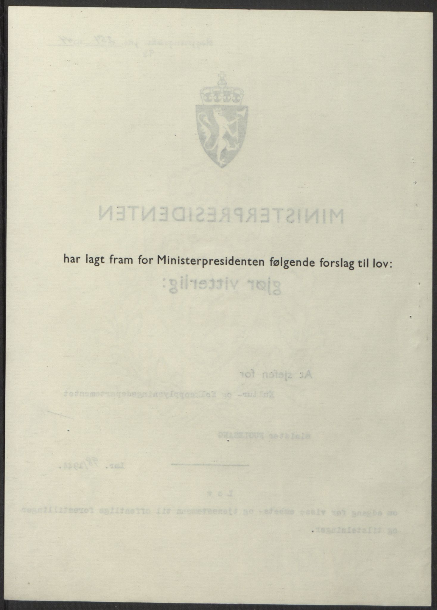 NS-administrasjonen 1940-1945 (Statsrådsekretariatet, de kommisariske statsråder mm), AV/RA-S-4279/D/Db/L0100: Lover, 1944, p. 469