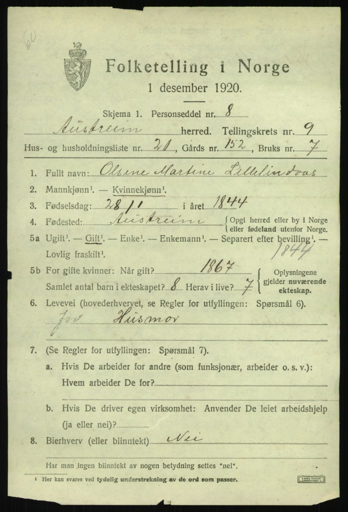 SAB, 1920 census for Austrheim, 1920, p. 3468
