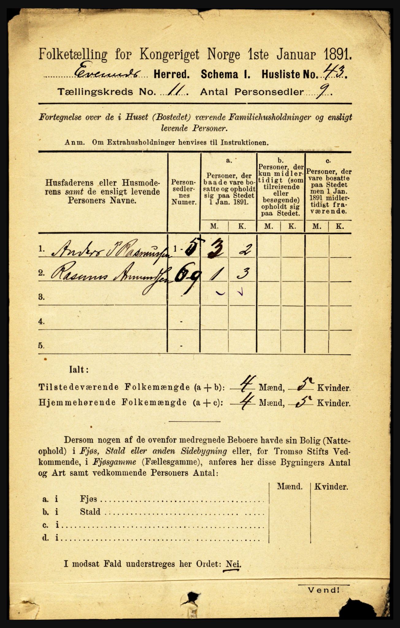 RA, 1891 census for 1853 Evenes, 1891, p. 3466