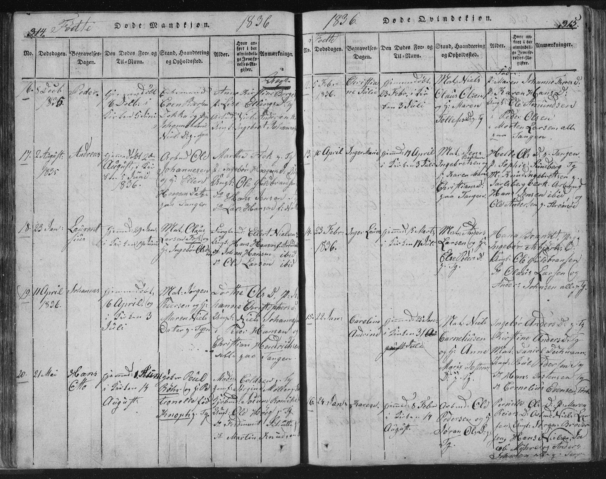 Strømsø kirkebøker, AV/SAKO-A-246/F/Fb/L0004: Parish register (official) no. II 4, 1814-1843, p. 314-315