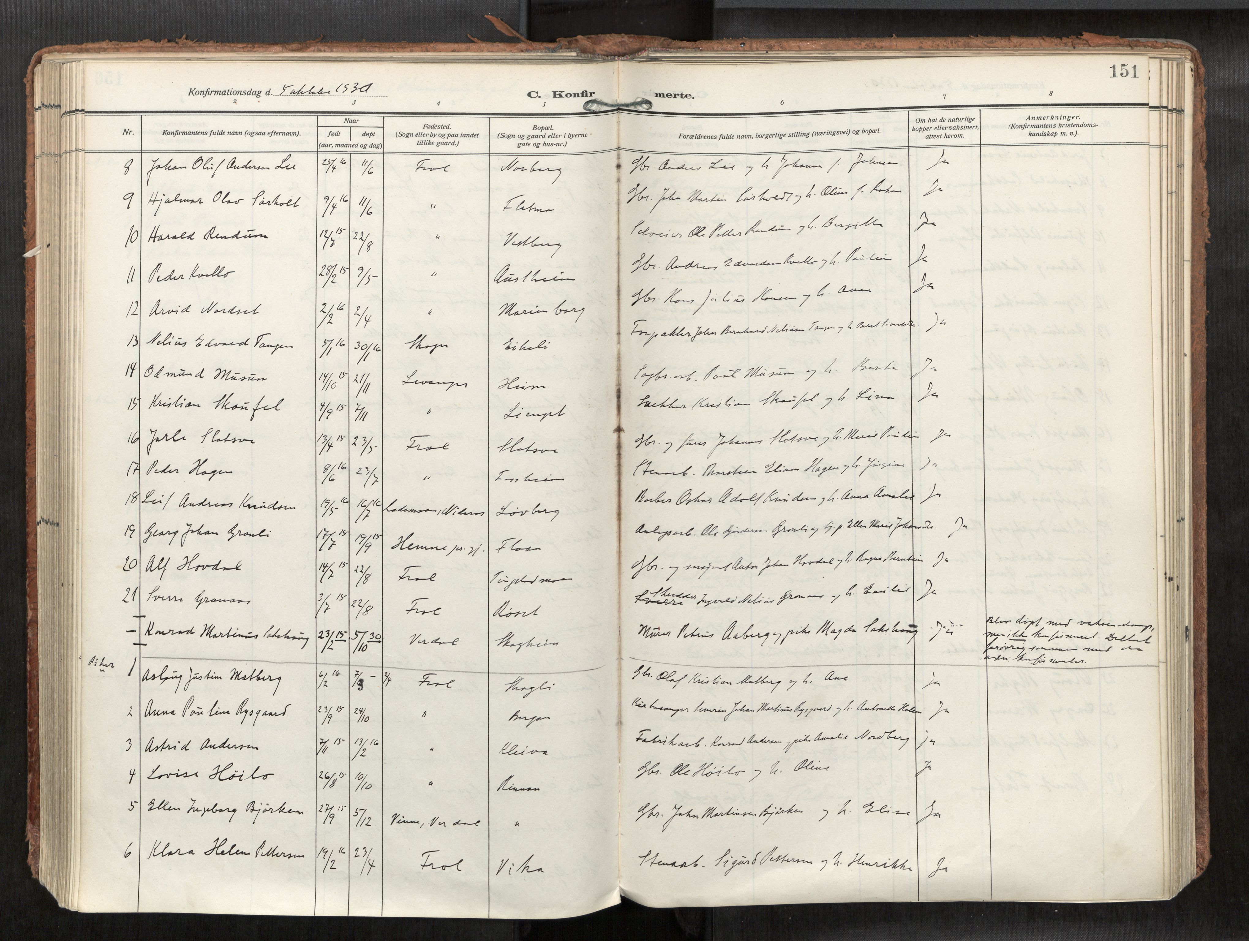 Levanger sokneprestkontor, SAT/A-1301/2/H/Haa/L0002: Parish register (official) no. 2, 1912-1935, p. 151