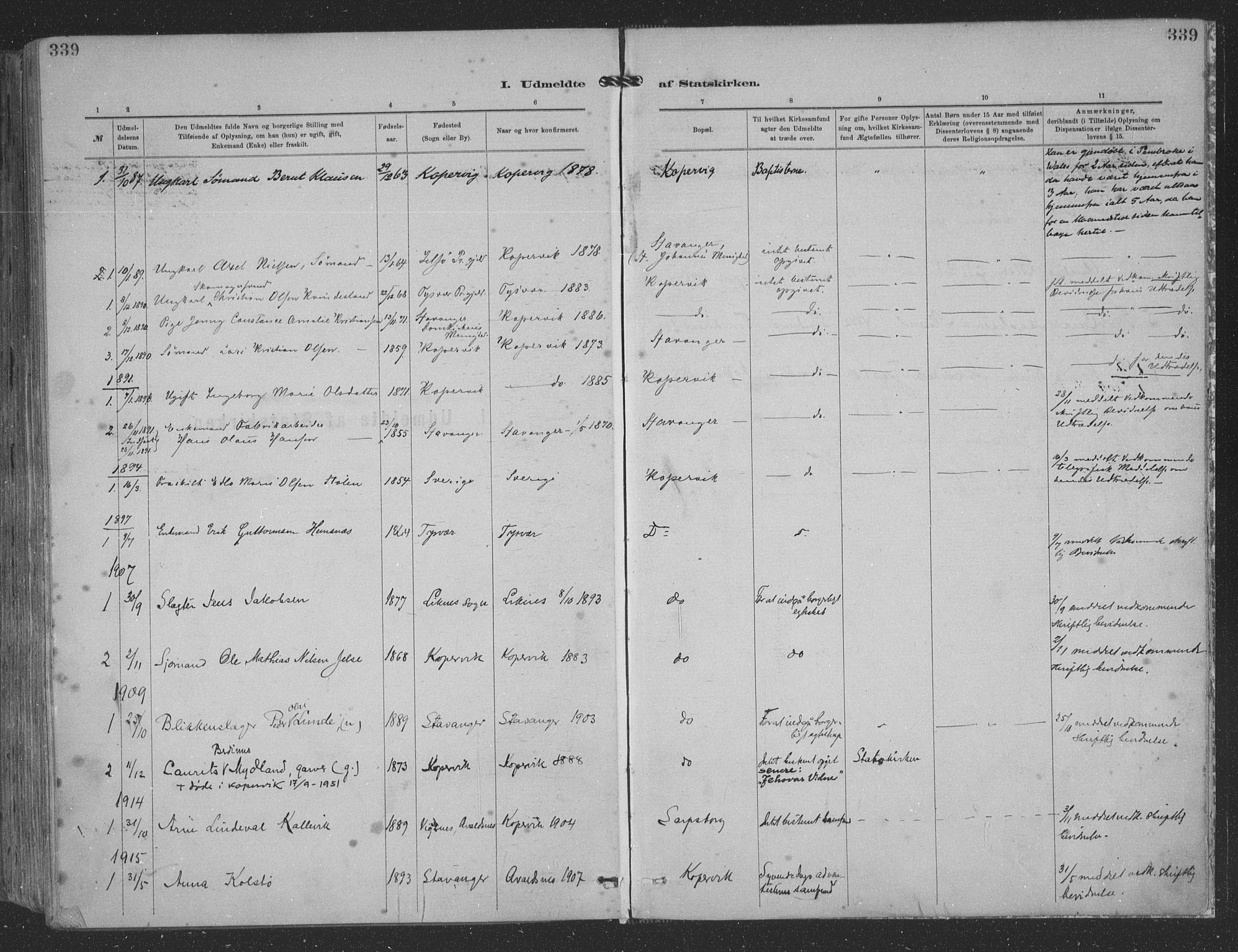 Kopervik sokneprestkontor, AV/SAST-A-101850/H/Ha/Haa/L0001: Parish register (official) no. A 1, 1880-1919, p. 339