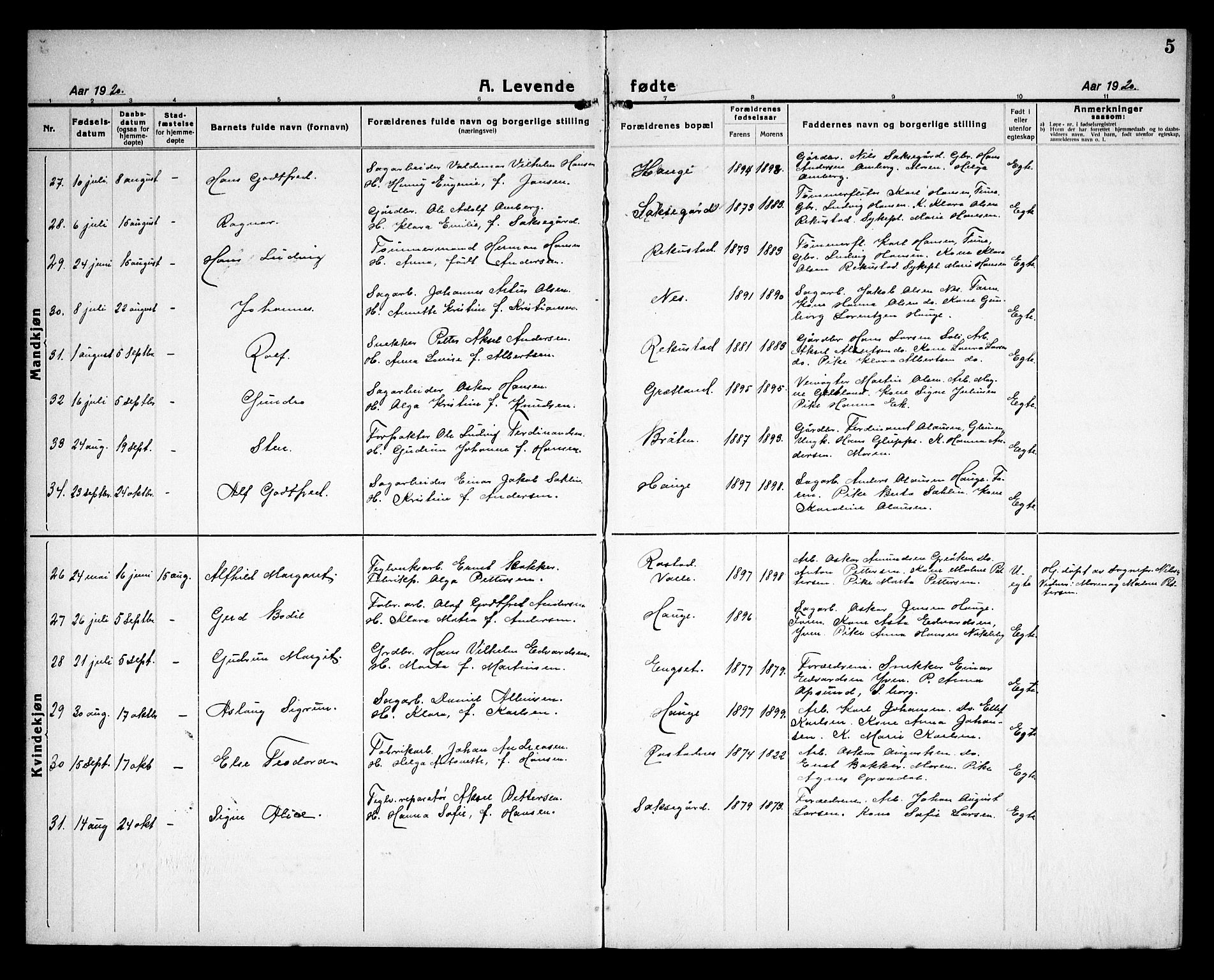 Rolvsøy prestekontor Kirkebøker, AV/SAO-A-2004/G/Ga/L0002: Parish register (copy) no. 2, 1920-1935, p. 5