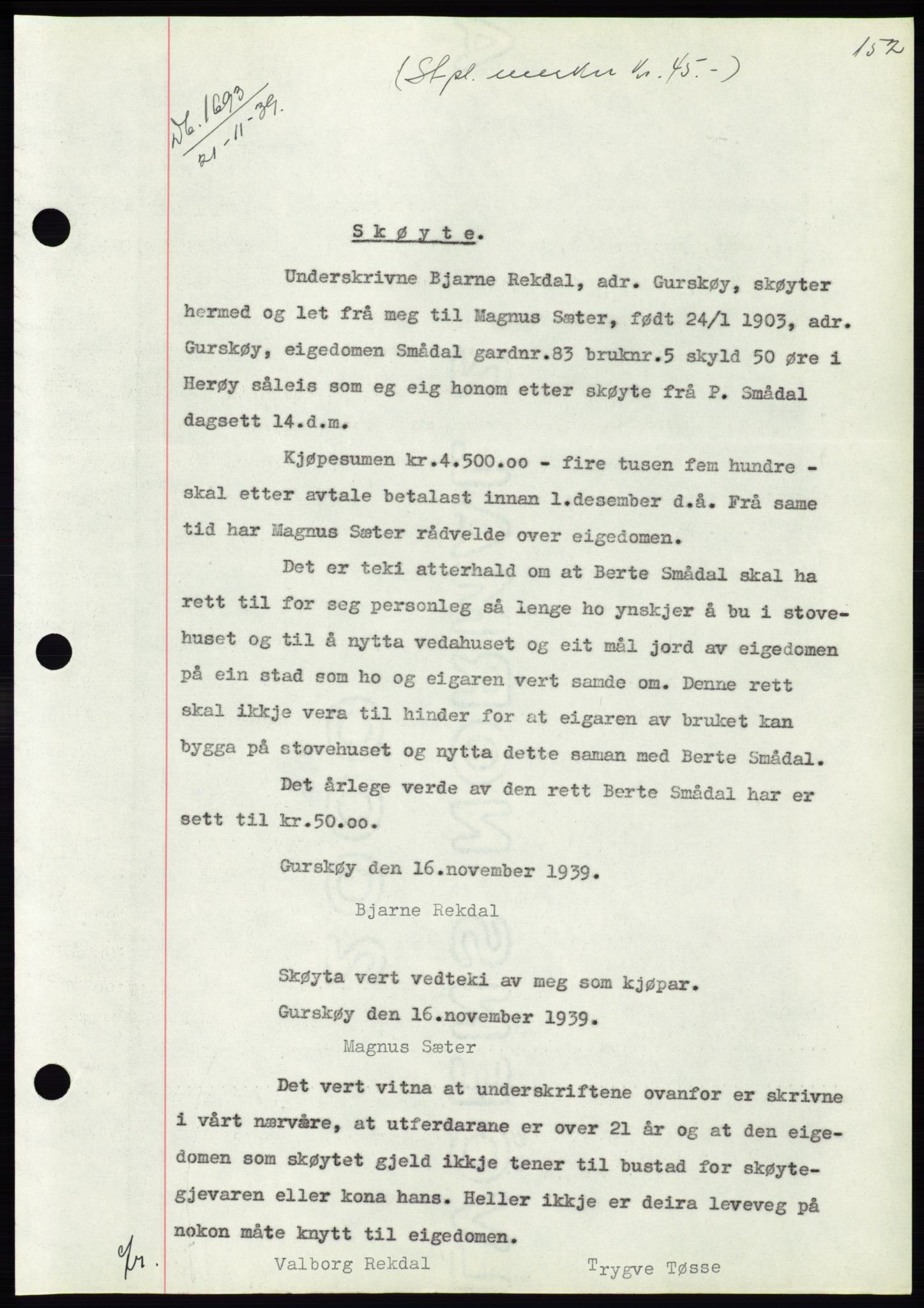 Søre Sunnmøre sorenskriveri, AV/SAT-A-4122/1/2/2C/L0069: Mortgage book no. 63, 1939-1940, Diary no: : 1693/1939