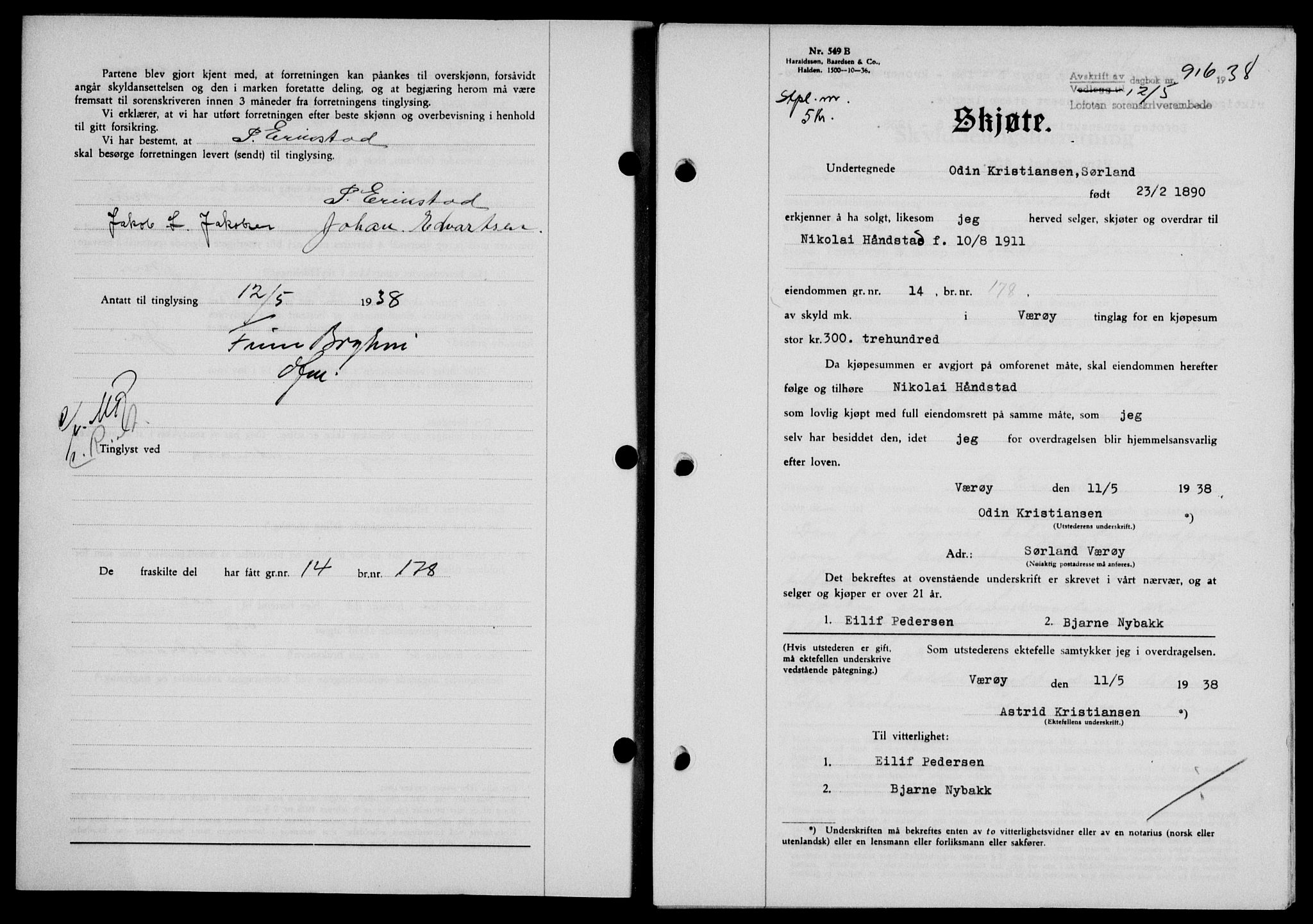 Lofoten sorenskriveri, SAT/A-0017/1/2/2C/L0004a: Mortgage book no. 4a, 1938-1938, Diary no: : 916/1938