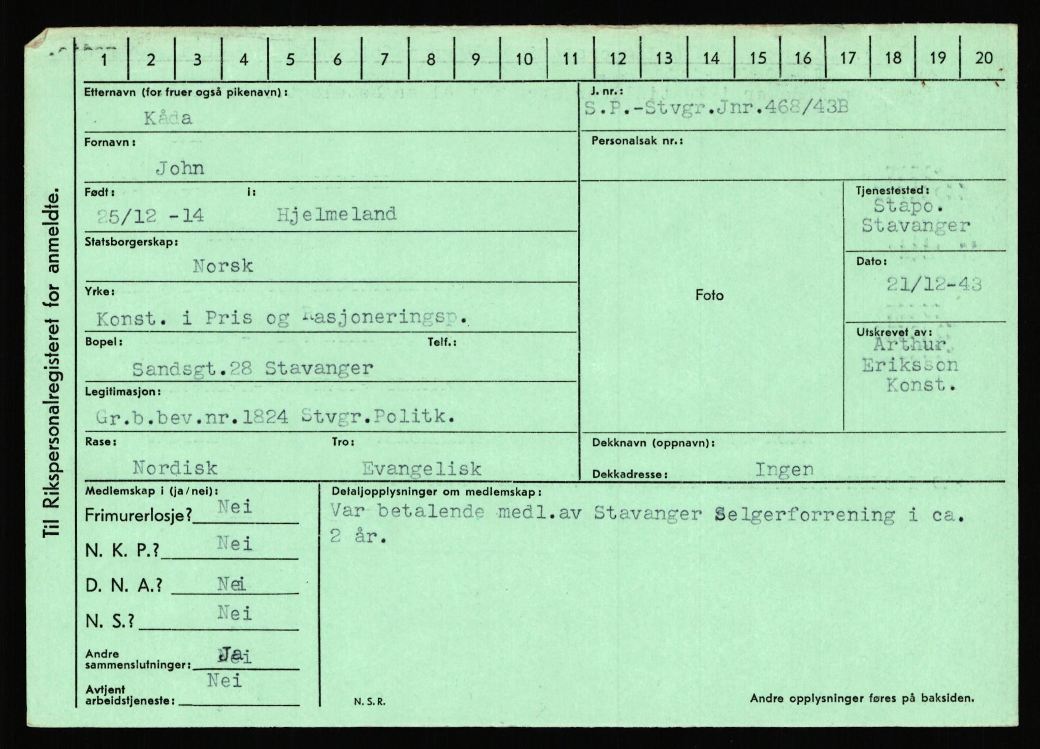 Statspolitiet - Hovedkontoret / Osloavdelingen, AV/RA-S-1329/C/Ca/L0008: Johan(nes)sen - Knoph, 1943-1945, p. 2990