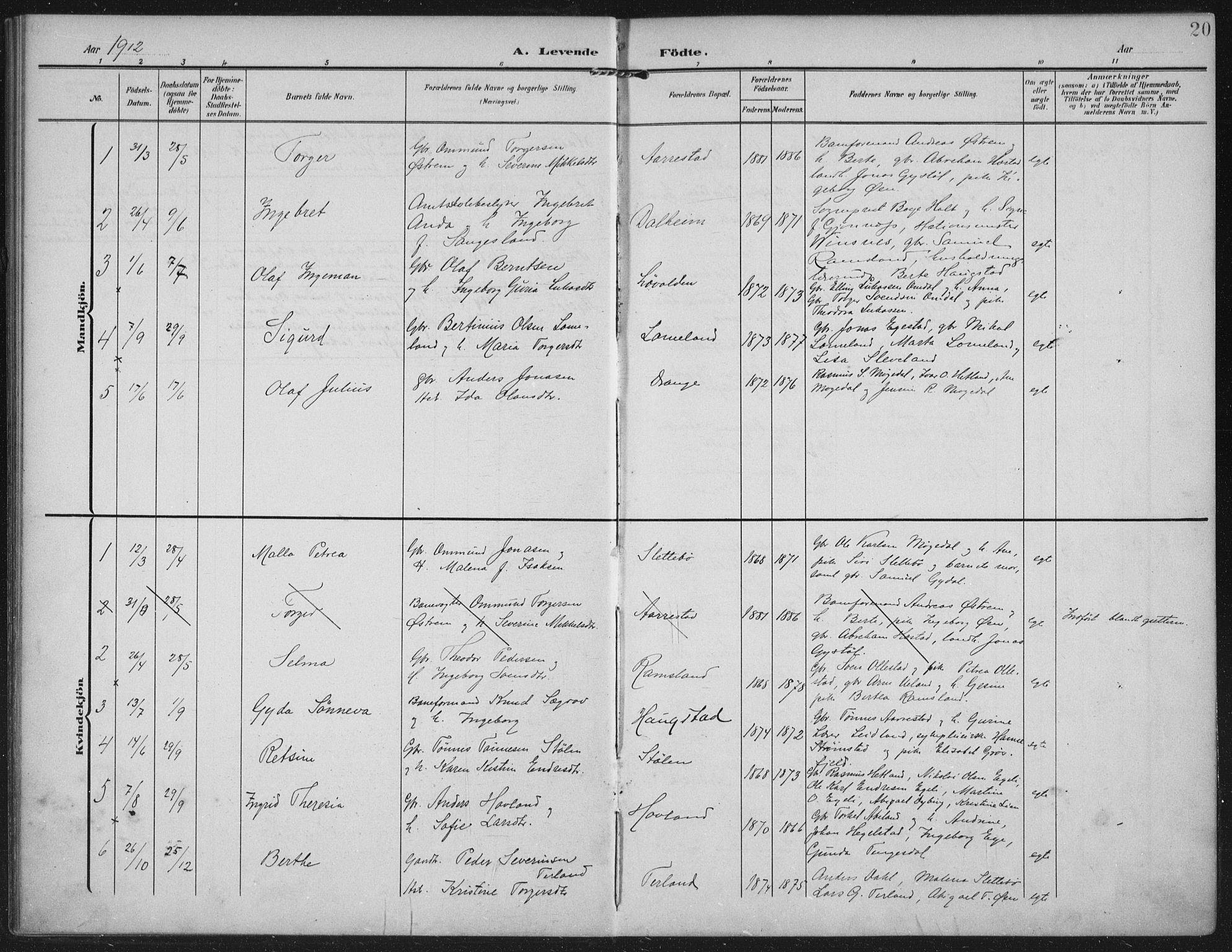 Helleland sokneprestkontor, SAST/A-101810: Parish register (official) no. A 12, 1906-1923, p. 20