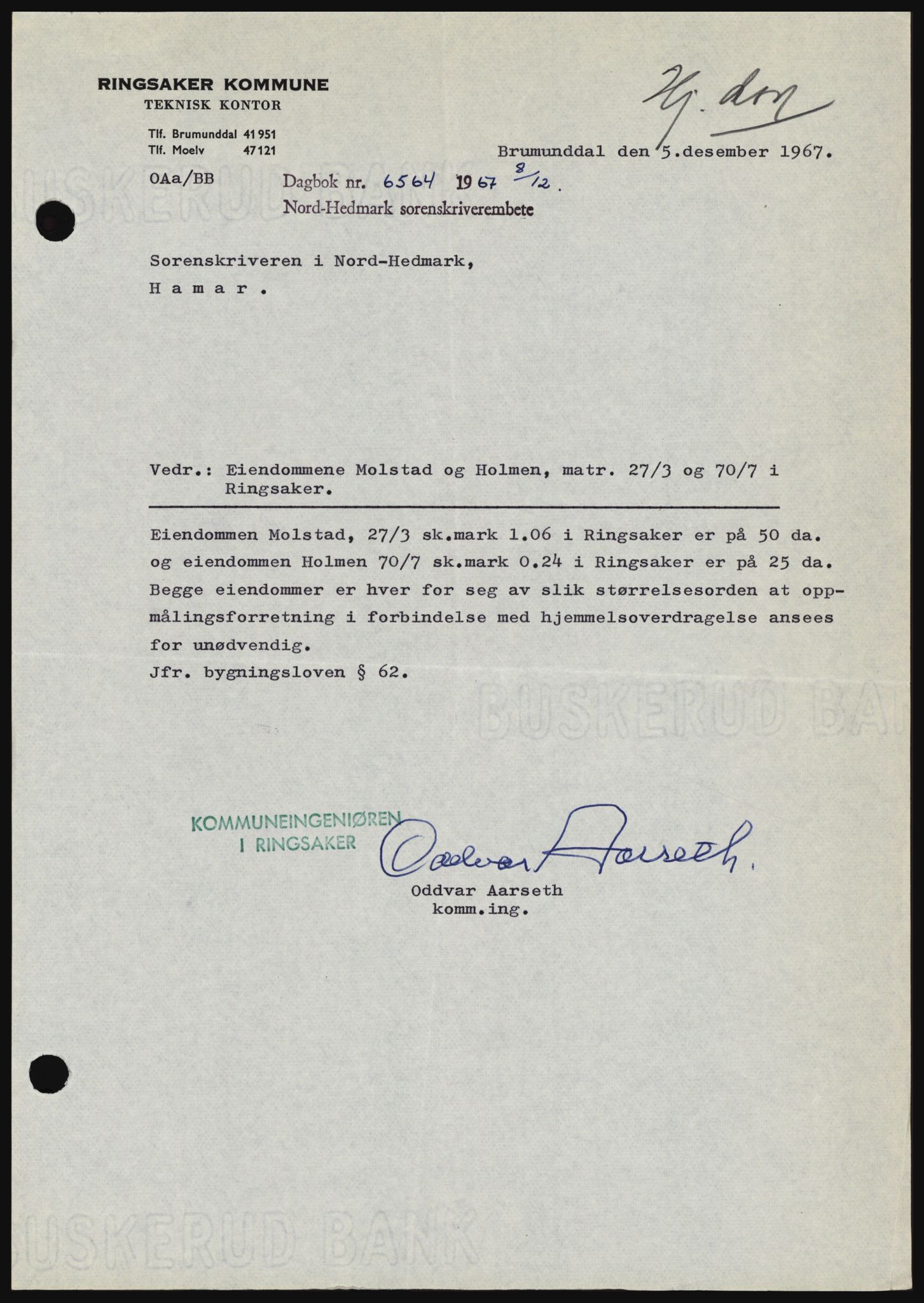 Nord-Hedmark sorenskriveri, SAH/TING-012/H/Hc/L0027: Mortgage book no. 27, 1967-1968, Diary no: : 6564/1967