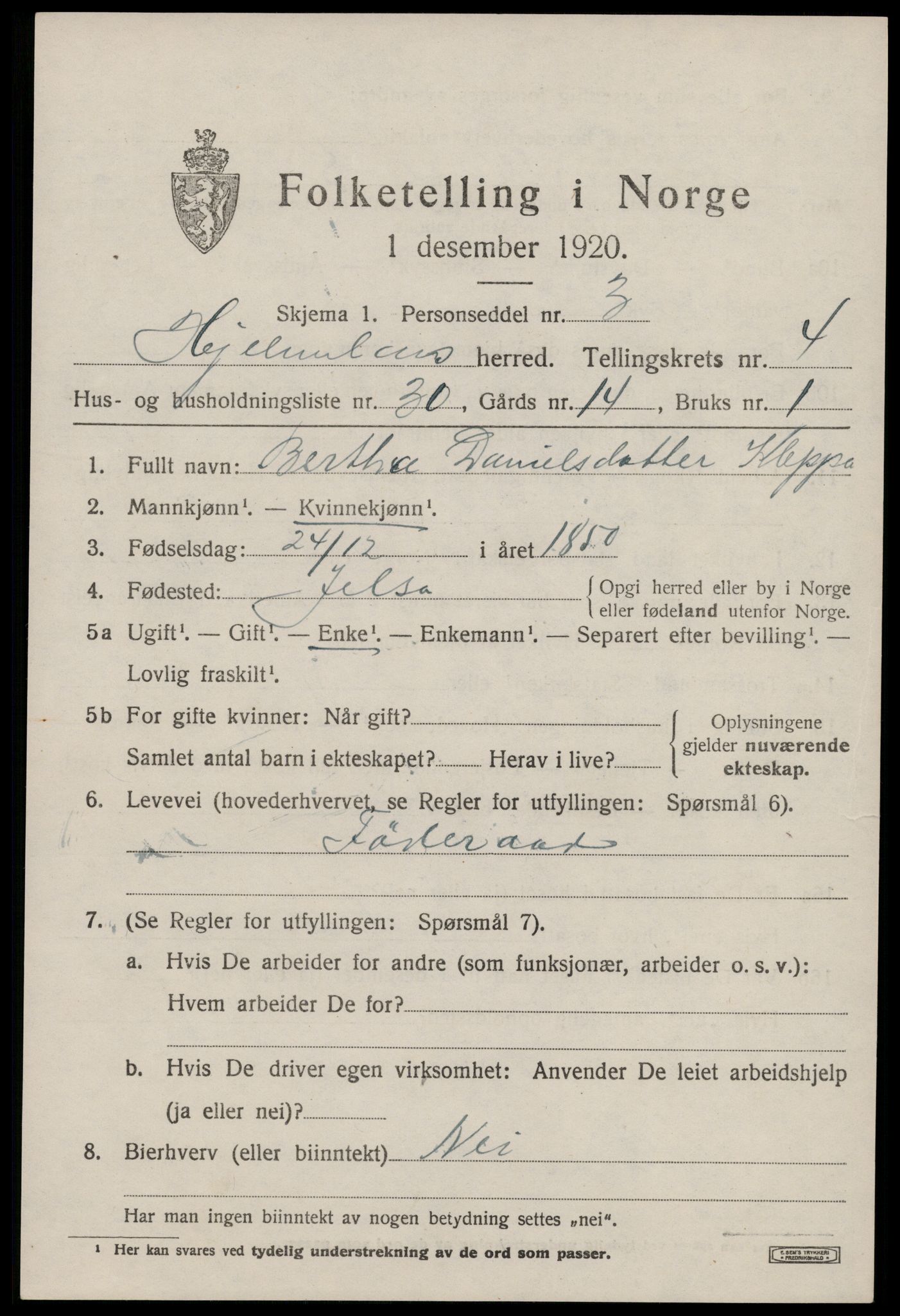 SAST, 1920 census for Hjelmeland, 1920, p. 1813