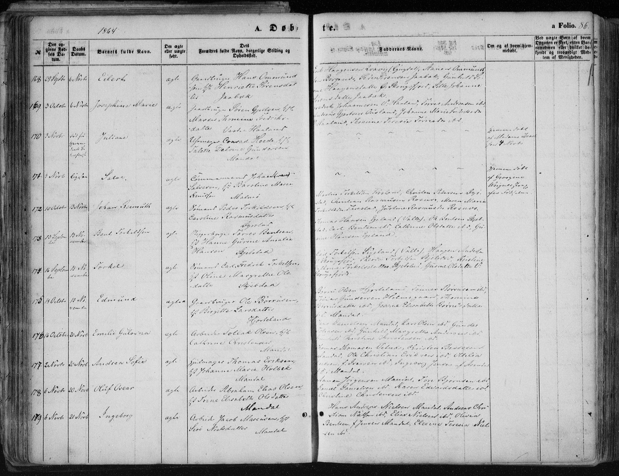 Mandal sokneprestkontor, SAK/1111-0030/F/Fa/Faa/L0014: Parish register (official) no. A 14, 1859-1872, p. 86