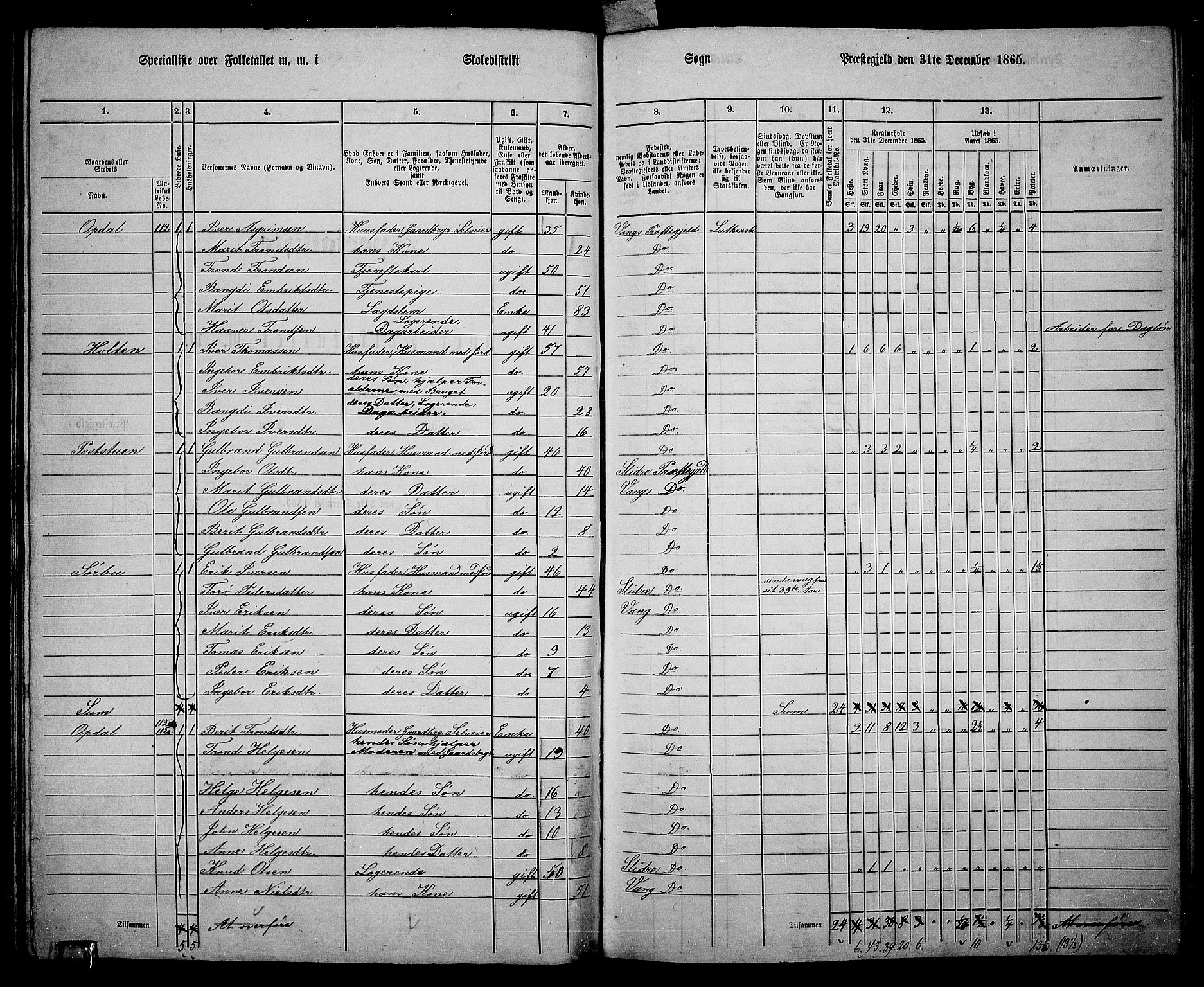 RA, 1865 census for Vang, 1865, p. 77