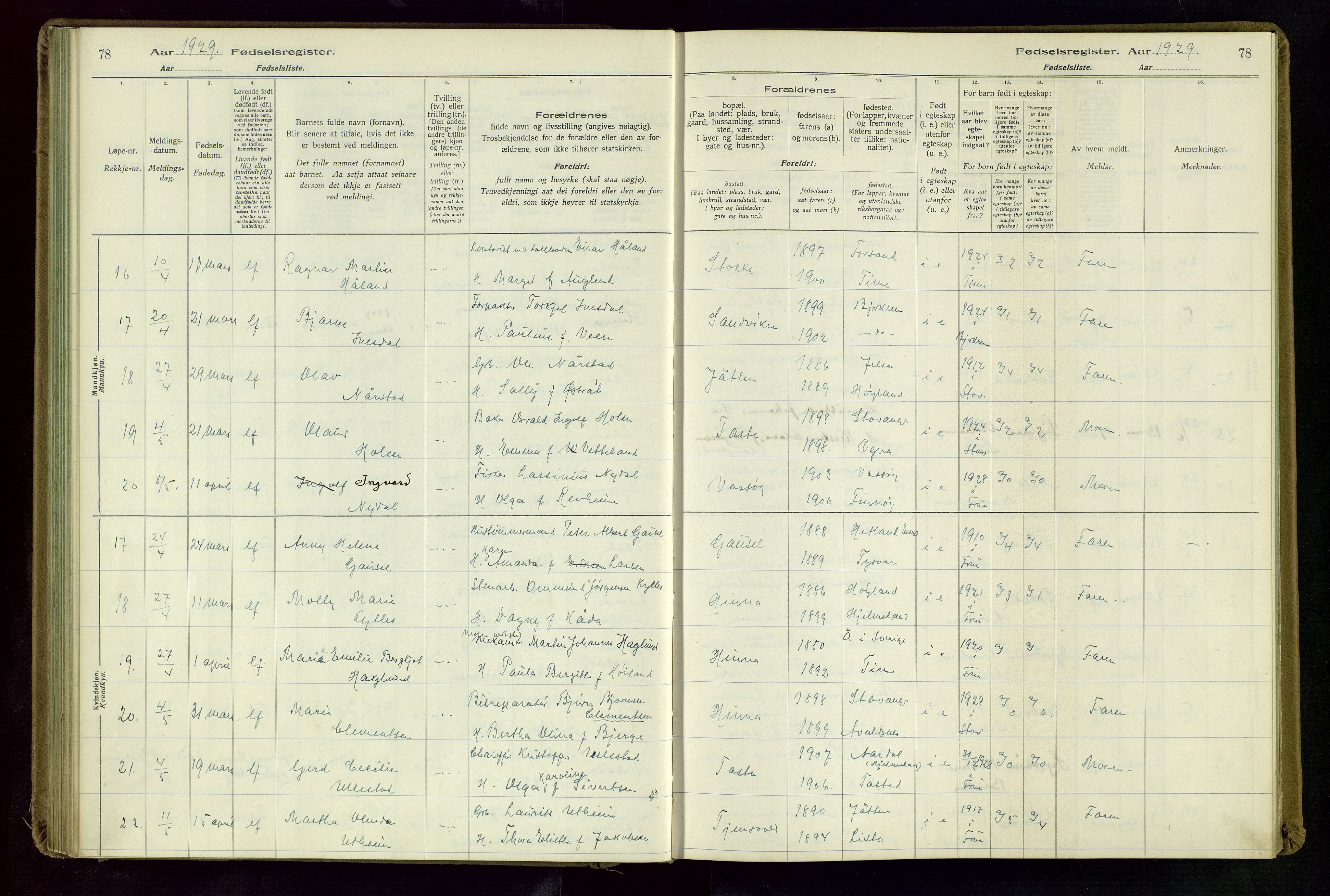 Hetland sokneprestkontor, SAST/A-101826/70/704BA/L0004: Birth register no. 4, 1923-1937, p. 78