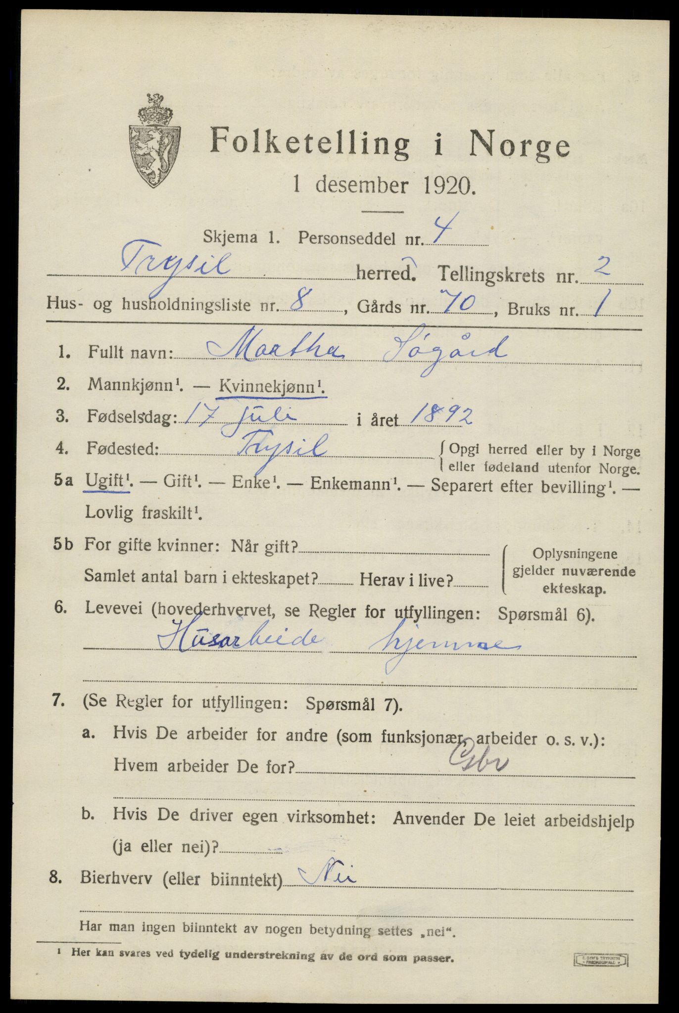 SAH, 1920 census for Trysil, 1920, p. 3173