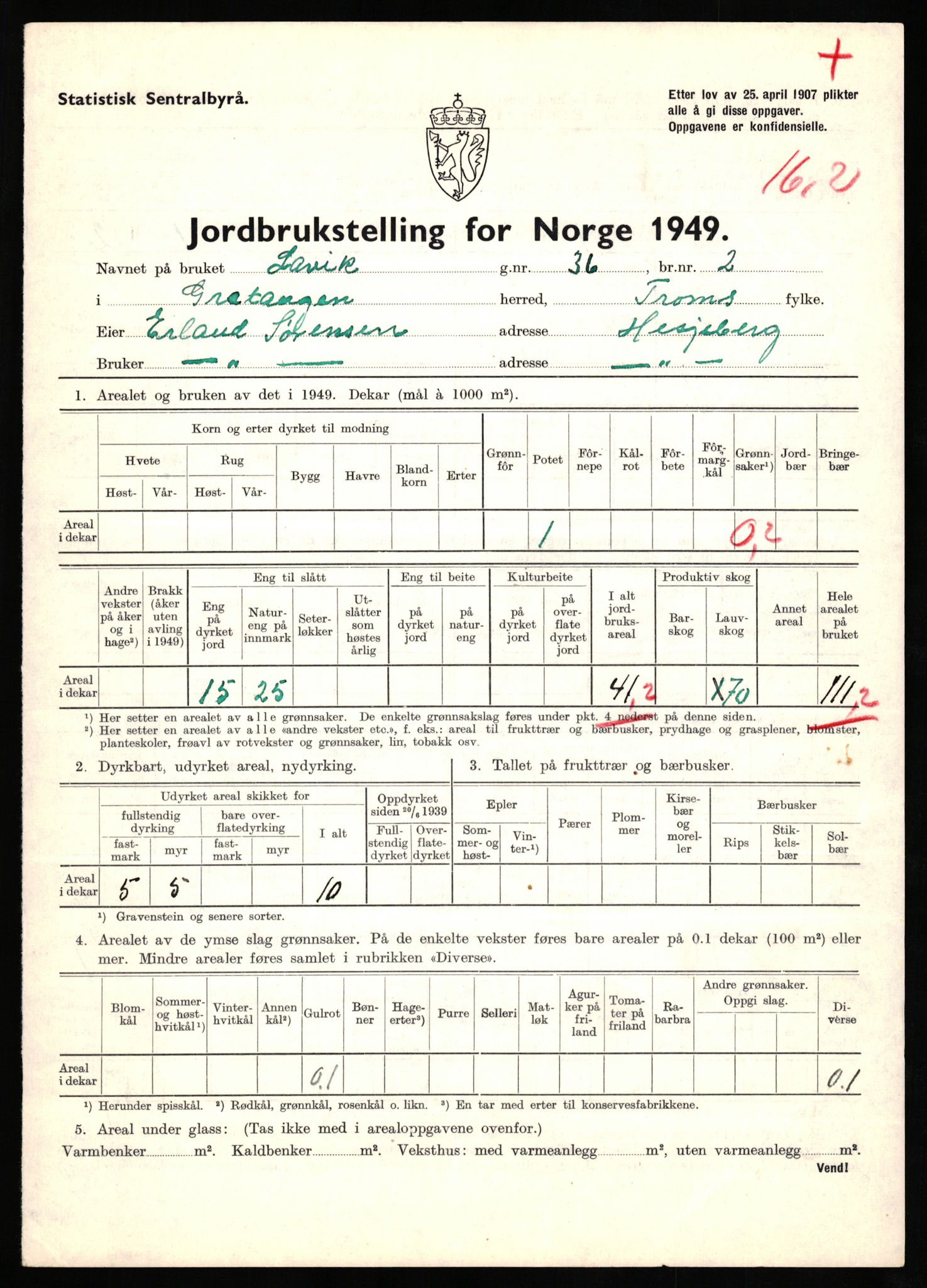 Statistisk sentralbyrå, Næringsøkonomiske emner, Jordbruk, skogbruk, jakt, fiske og fangst, AV/RA-S-2234/G/Gc/L0437: Troms: Gratangen og Lavangen, 1949, p. 1139