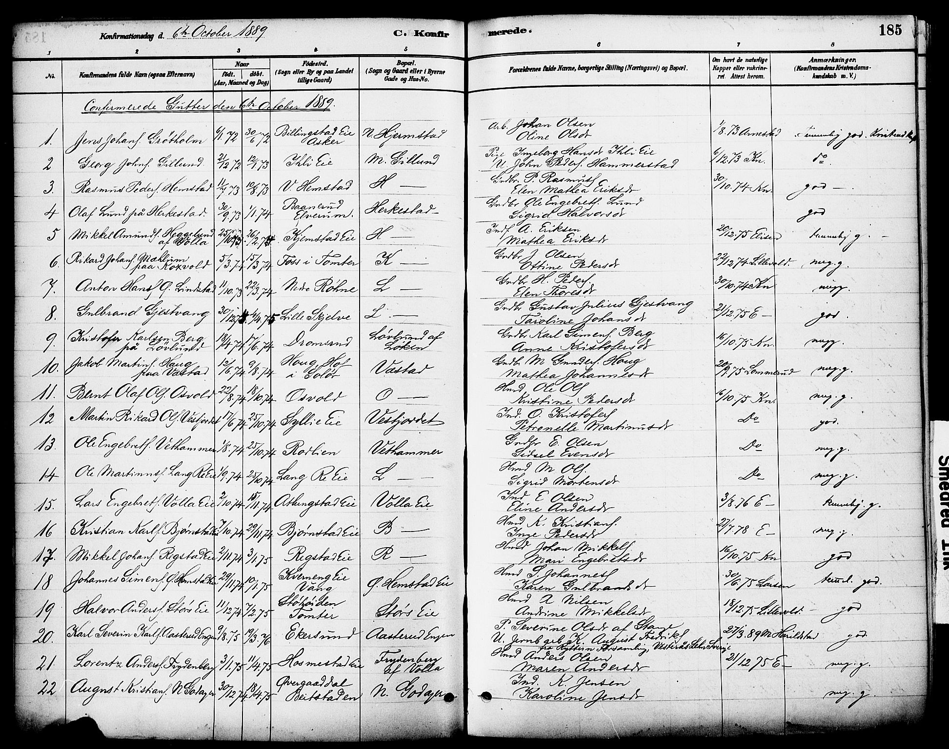 Stange prestekontor, AV/SAH-PREST-002/K/L0017: Parish register (official) no. 17, 1880-1893, p. 185