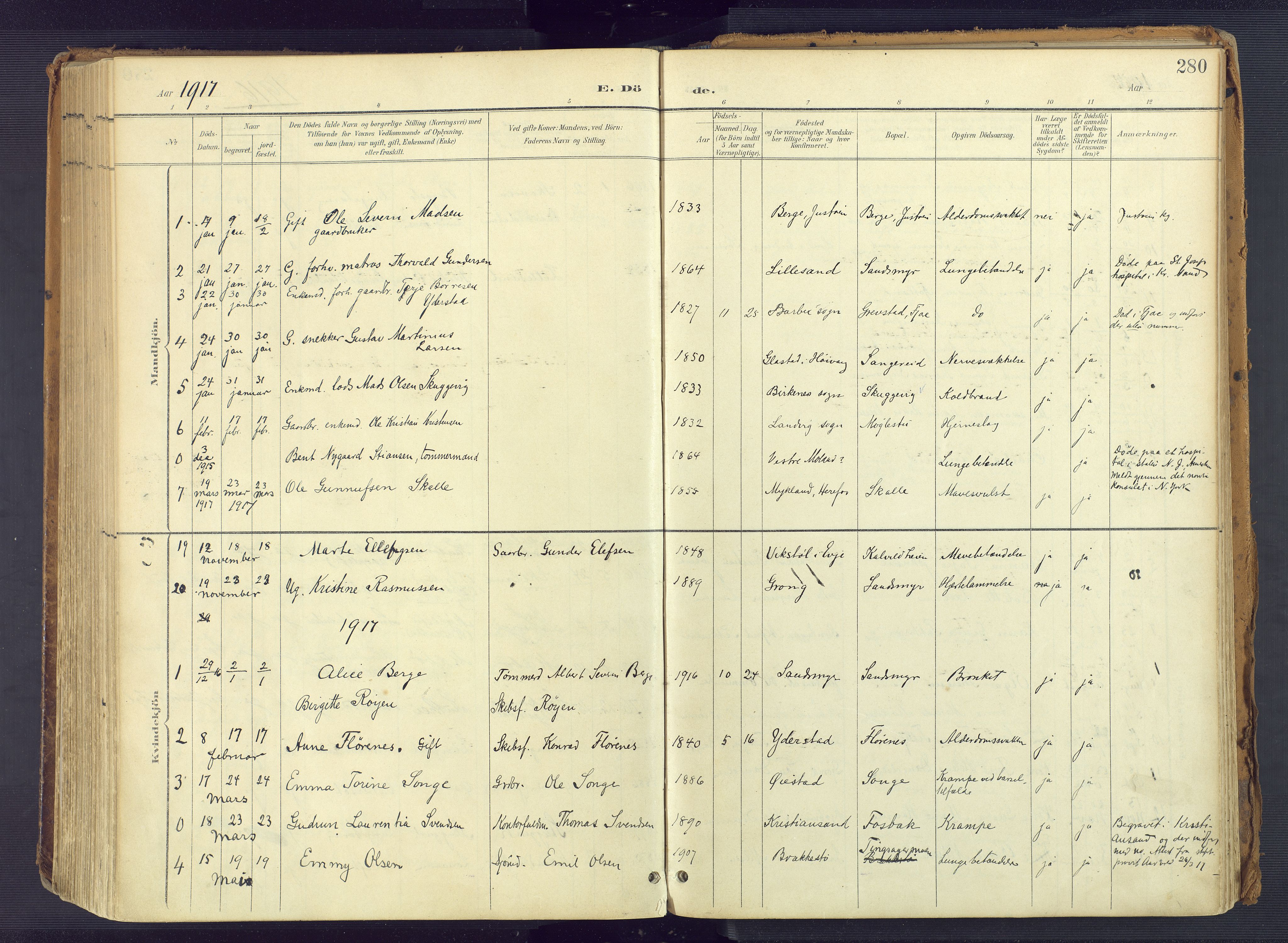 Vestre Moland sokneprestkontor, AV/SAK-1111-0046/F/Fa/Fab/L0010: Parish register (official) no. A 10, 1900-1926, p. 280