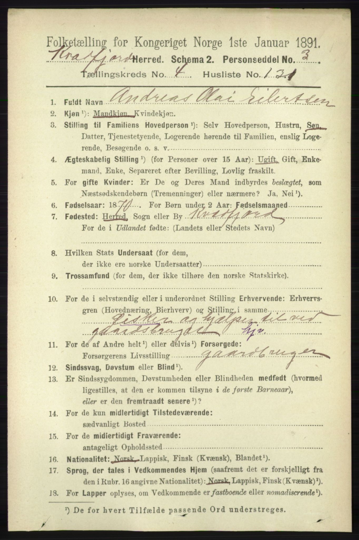 RA, 1891 census for 1911 Kvæfjord, 1891, p. 2725