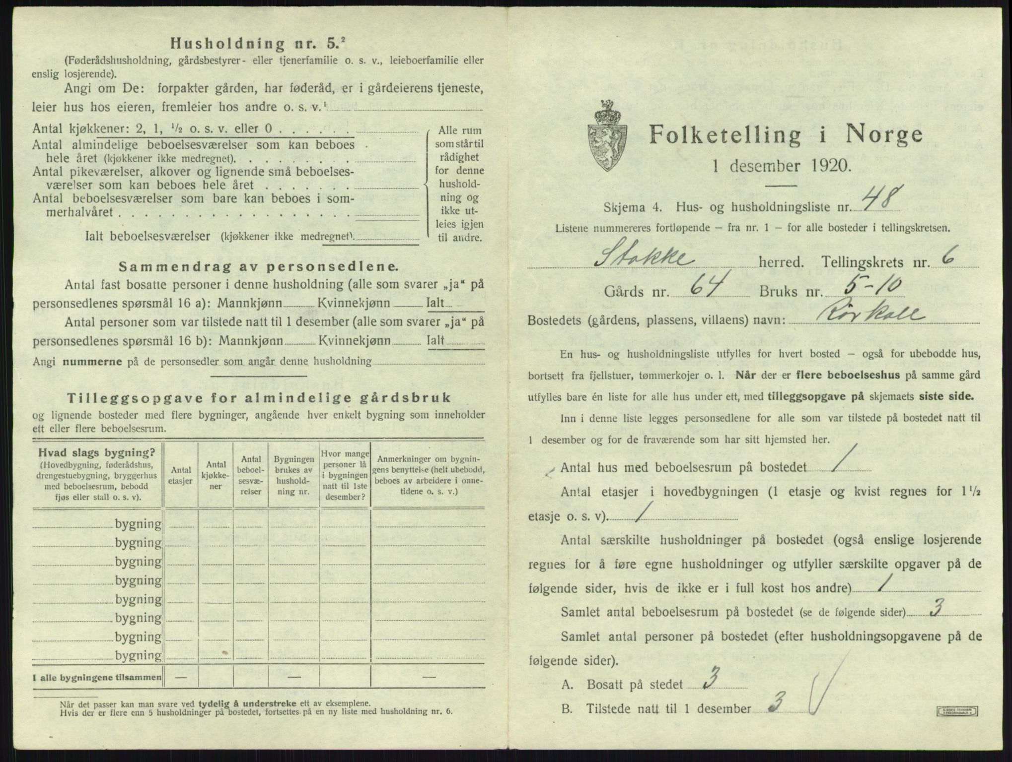 SAKO, 1920 census for Stokke, 1920, p. 1194