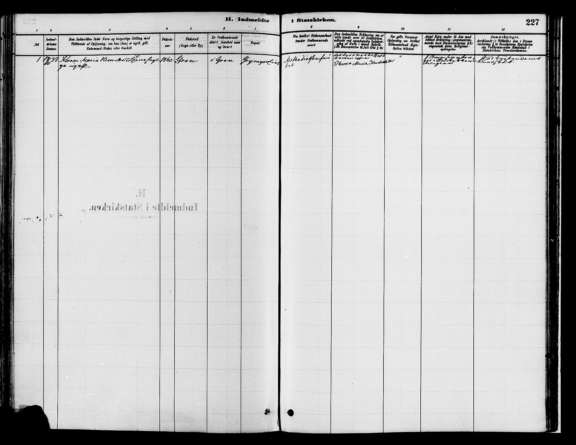 Gran prestekontor, AV/SAH-PREST-112/H/Ha/Haa/L0014: Parish register (official) no. 14, 1880-1889, p. 227