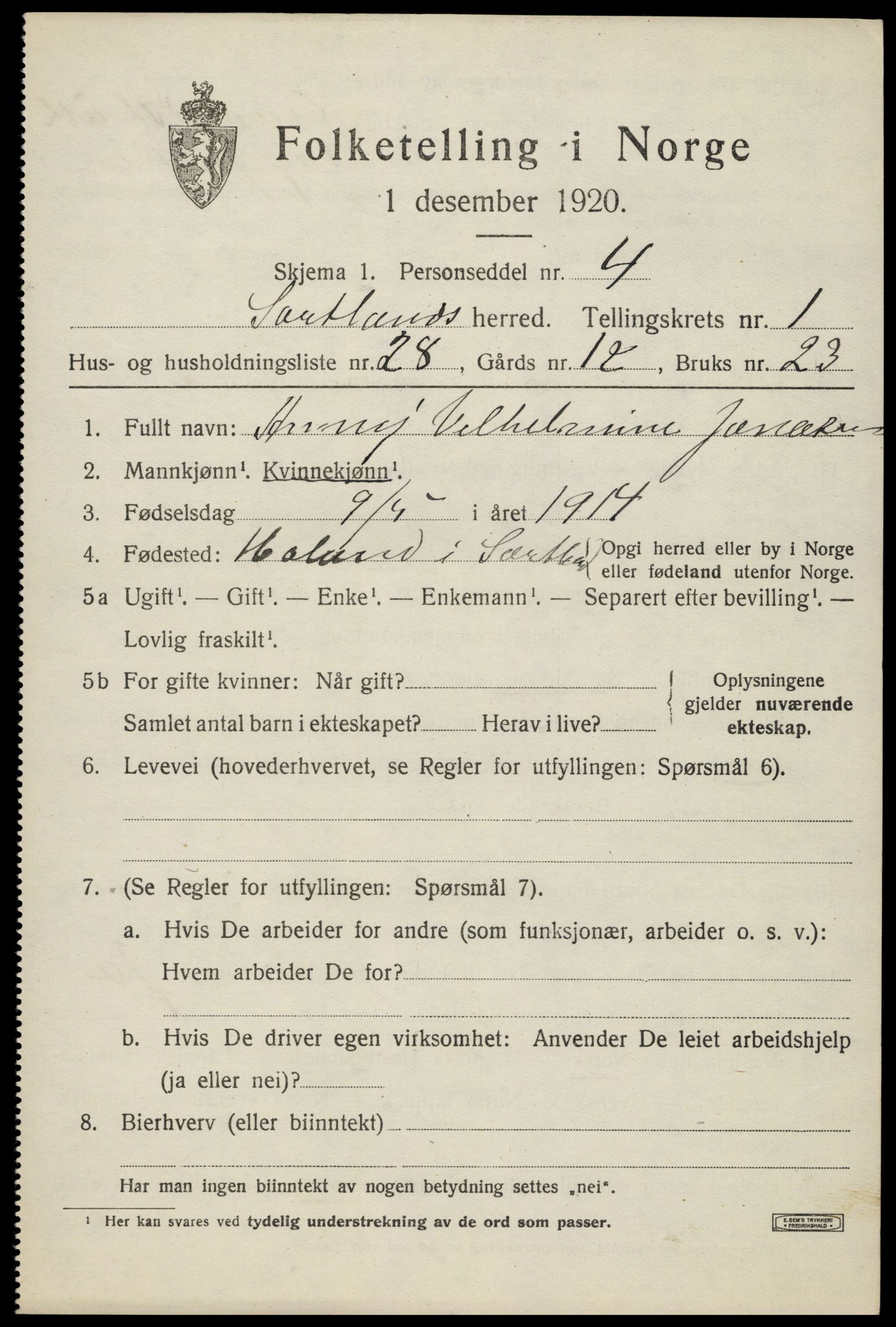 SAT, 1920 census for Sortland, 1920, p. 1894