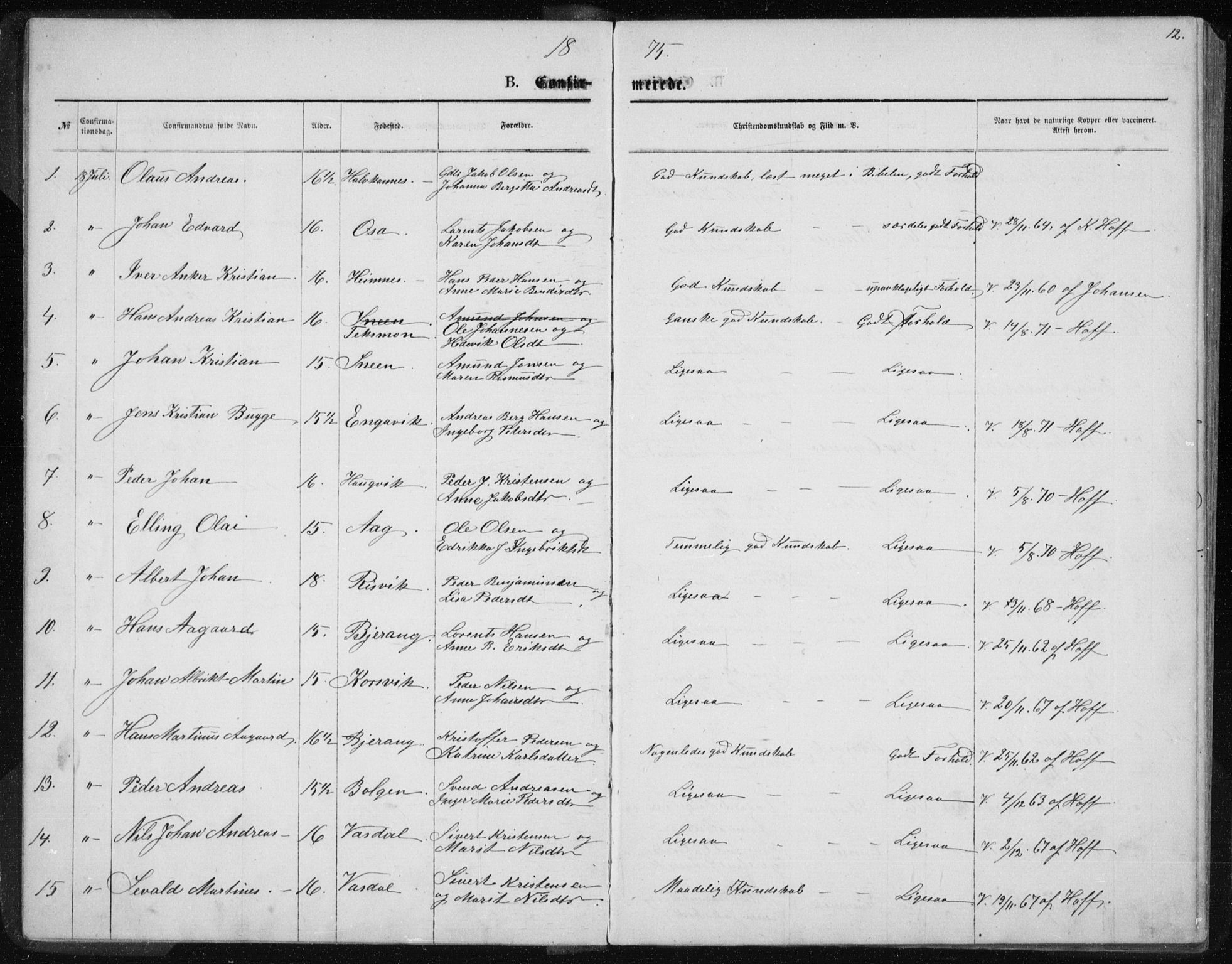 Ministerialprotokoller, klokkerbøker og fødselsregistre - Nordland, SAT/A-1459/843/L0635: Parish register (copy) no. 843C04, 1872-1887, p. 12