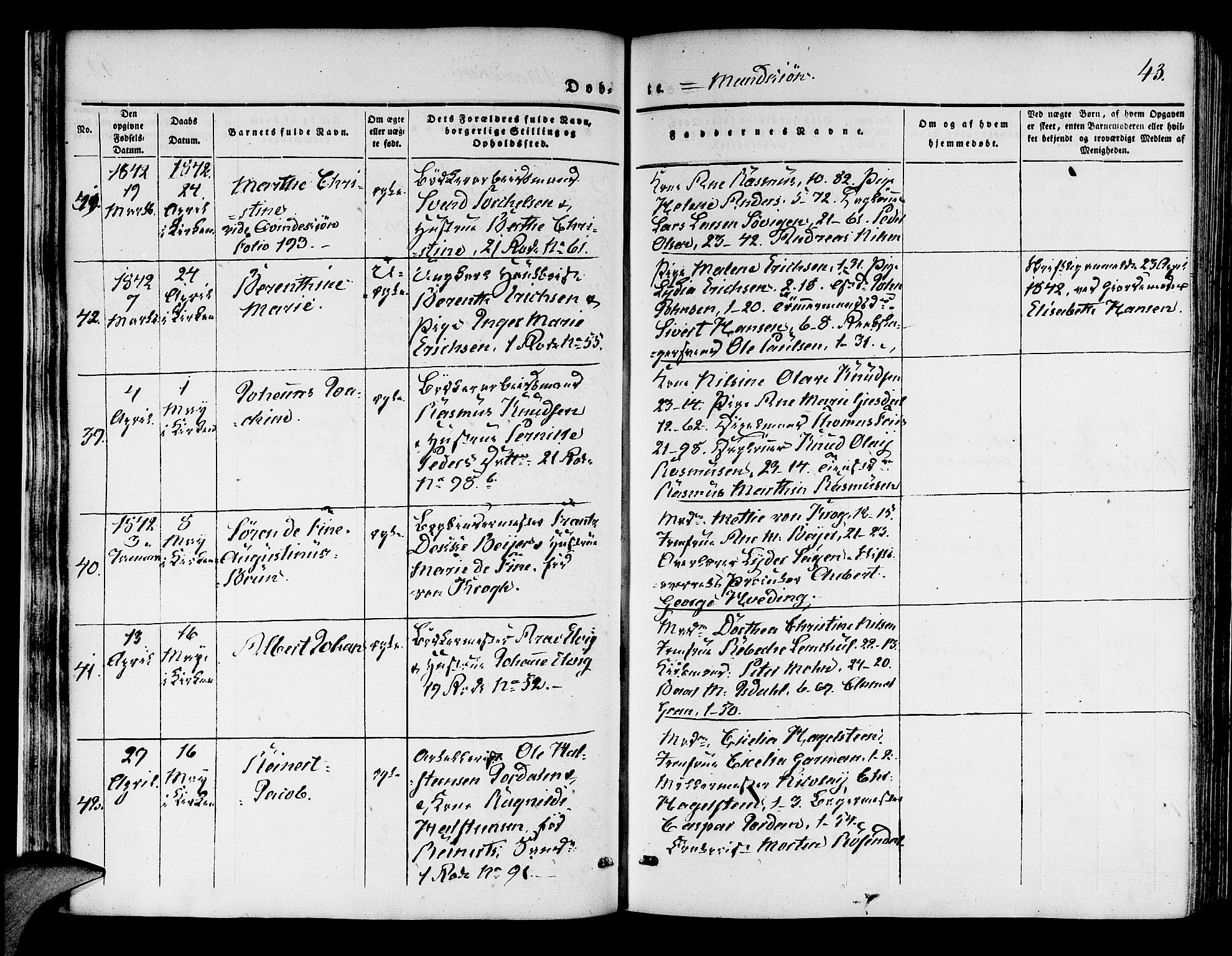 Korskirken sokneprestembete, SAB/A-76101/H/Hab: Parish register (copy) no. B 1, 1839-1847, p. 43