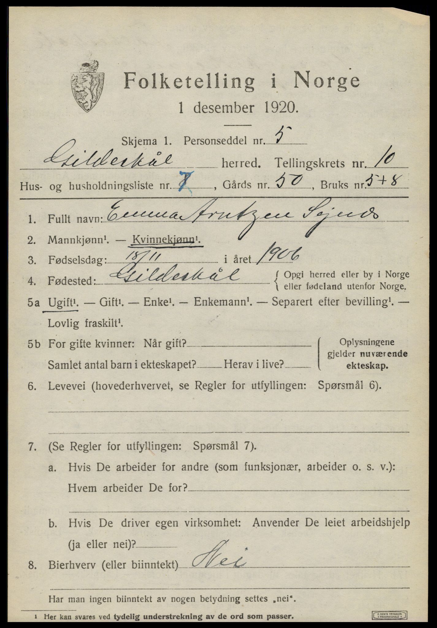 SAT, 1920 census for Gildeskål, 1920, p. 6136