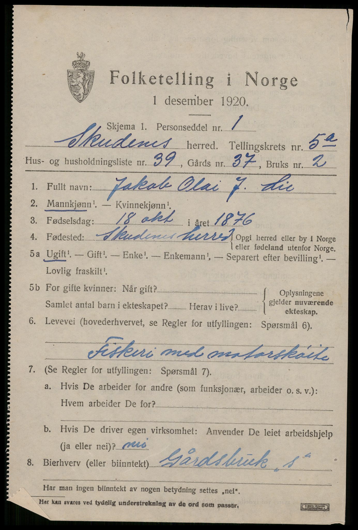 SAST, 1920 census for Skudenes, 1920, p. 4462