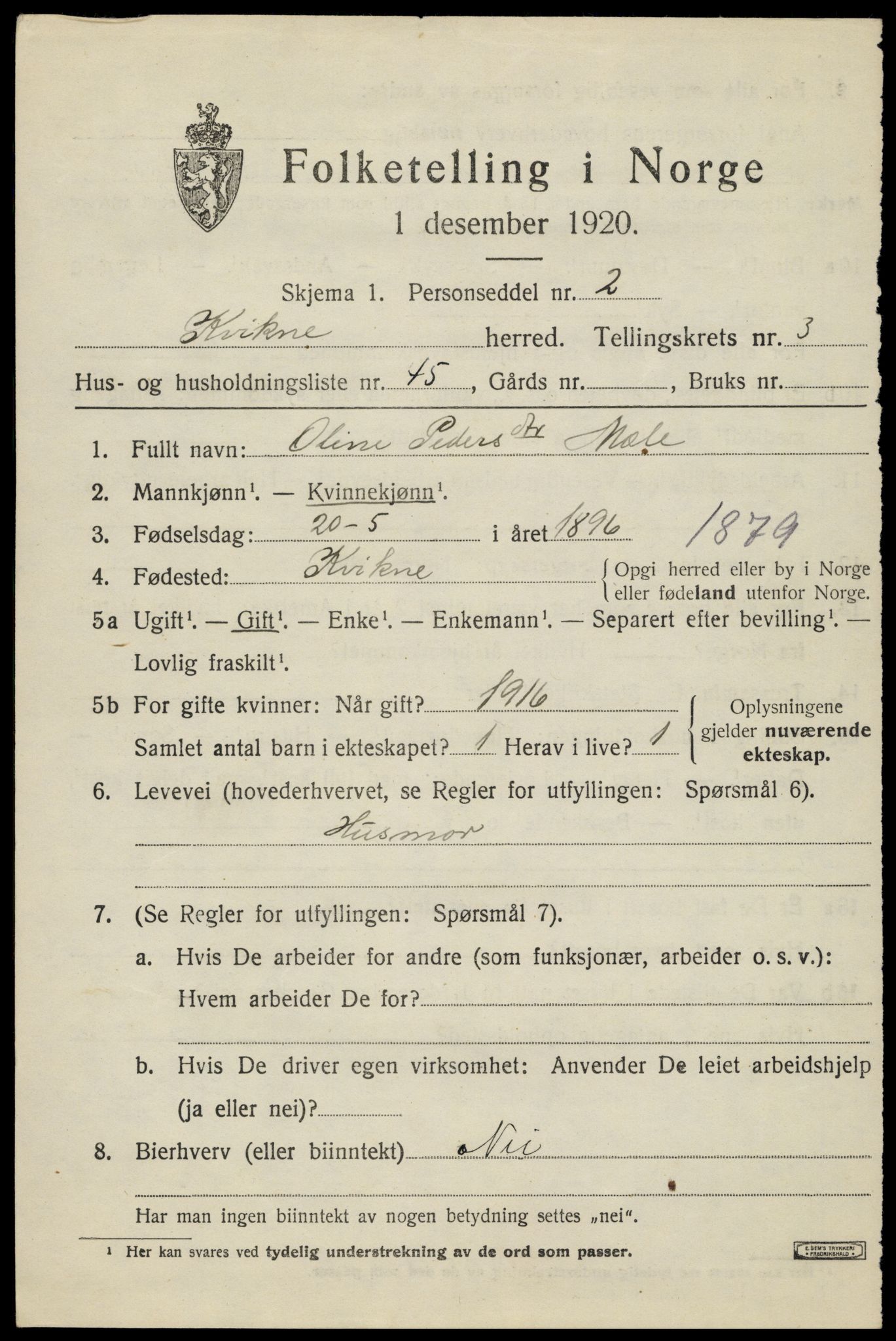 SAH, 1920 census for Kvikne, 1920, p. 1620