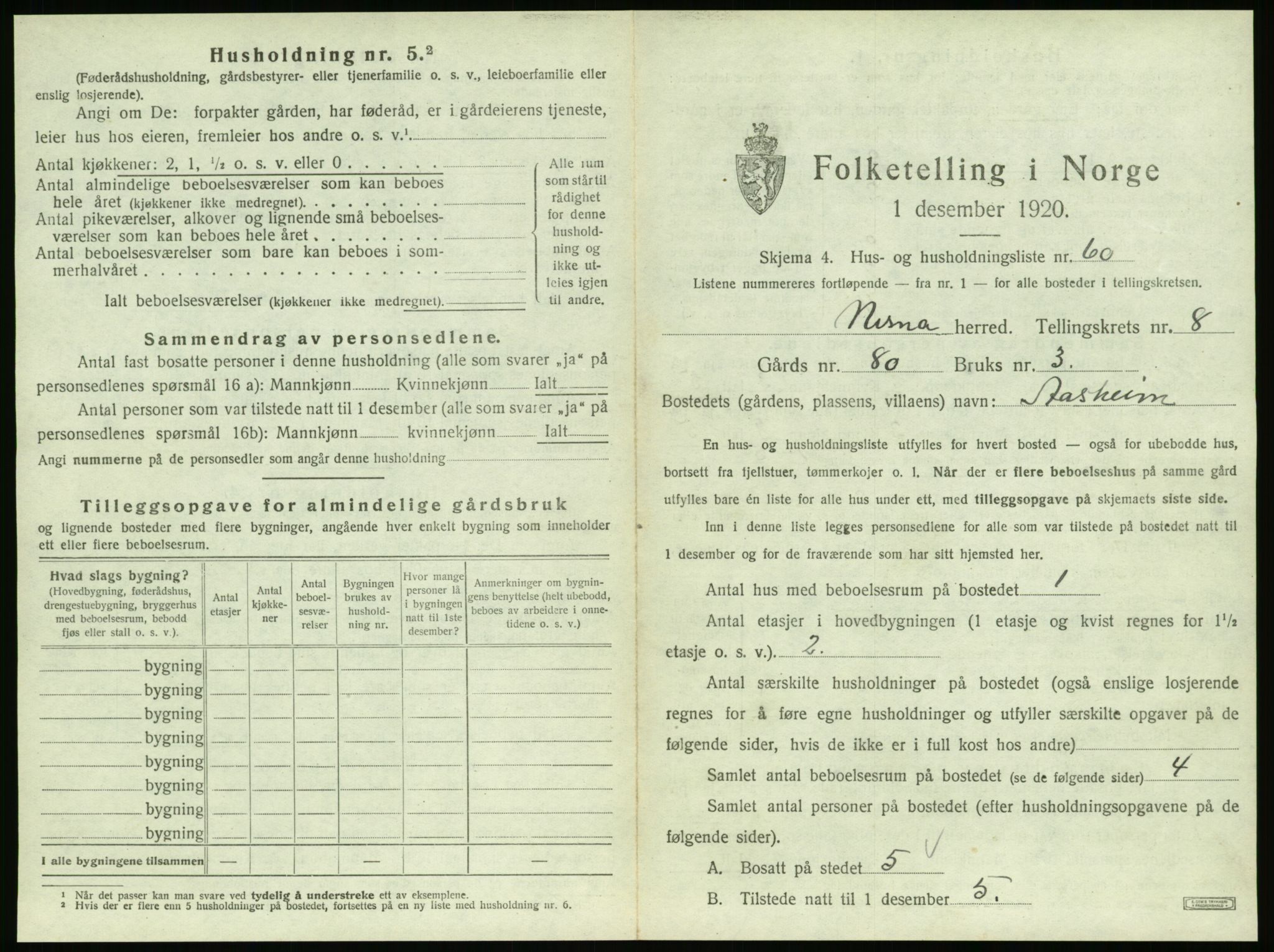 SAT, 1920 census for Nesna, 1920, p. 1049