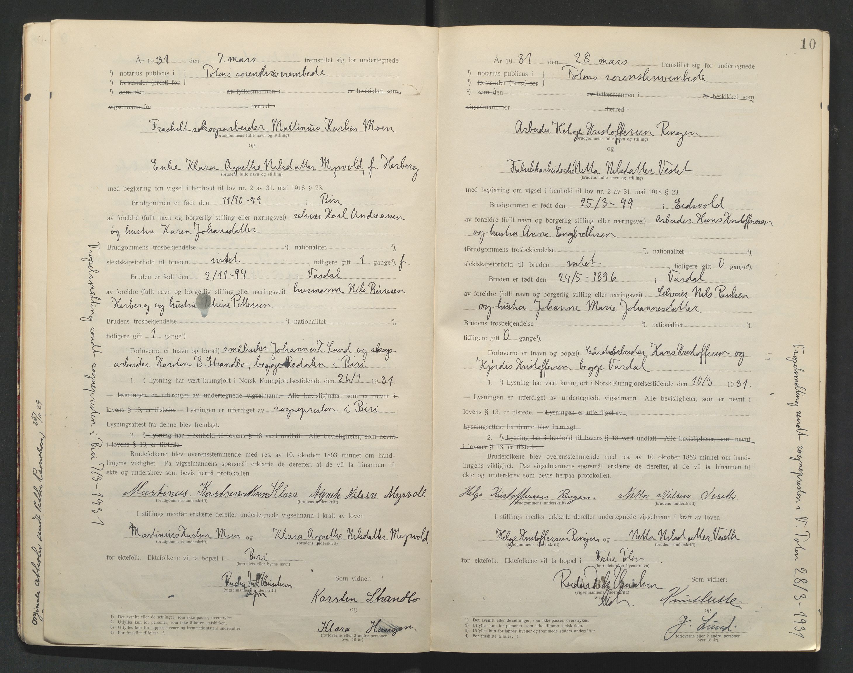 Toten tingrett, AV/SAH-TING-006/L/Lc/L0001: Vigselbok, 1920-1942, p. 10