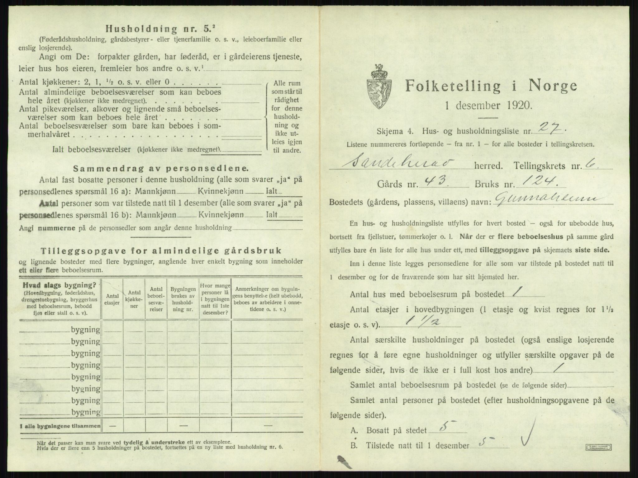 SAKO, 1920 census for Sandeherred, 1920, p. 1166