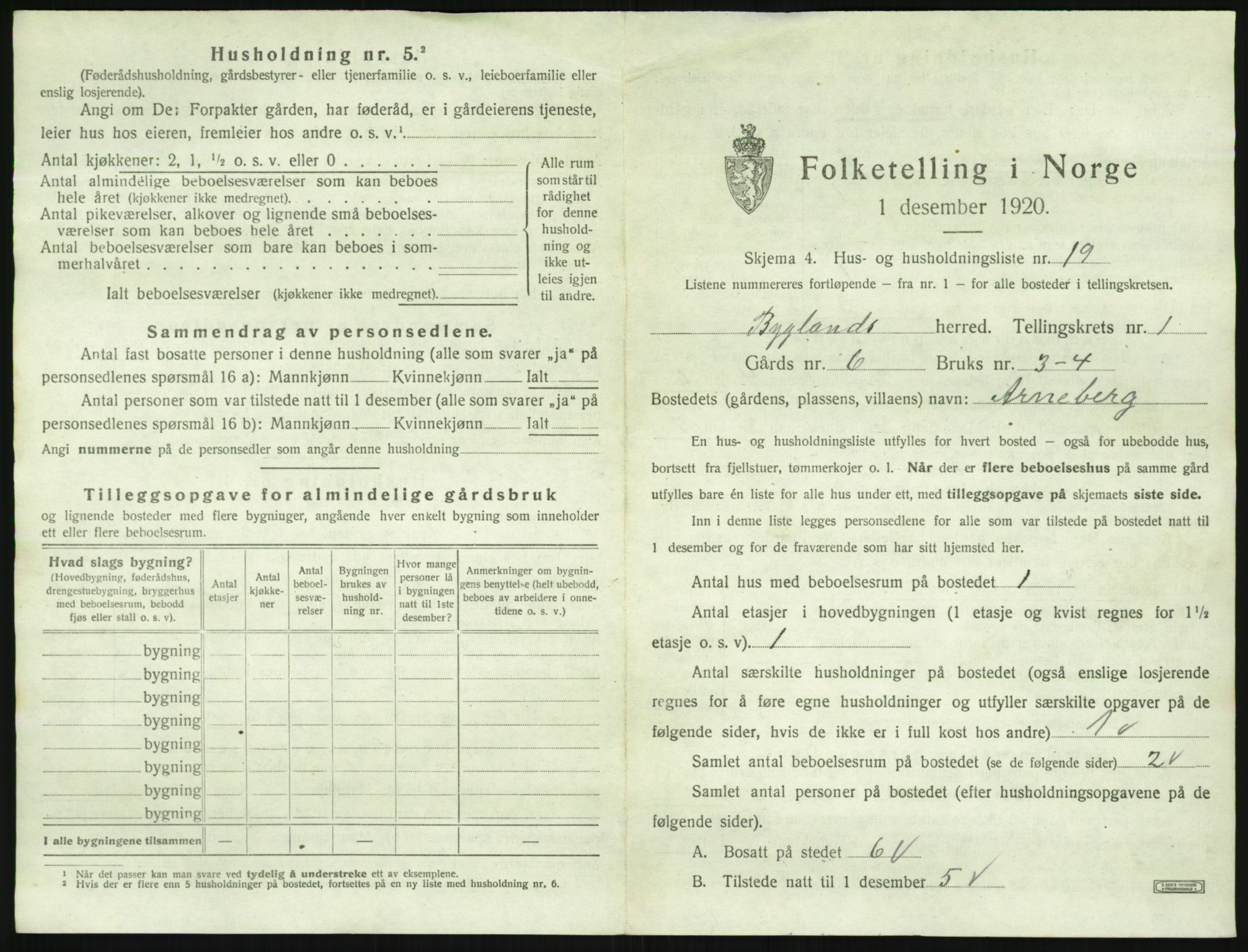 SAK, 1920 census for Bygland, 1920, p. 97