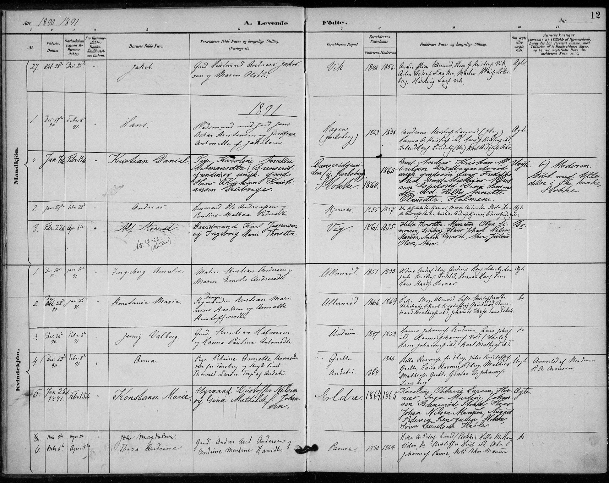 Sem kirkebøker, AV/SAKO-A-5/F/Fa/L0011: Parish register (official) no. I 11, 1888-1904, p. 12