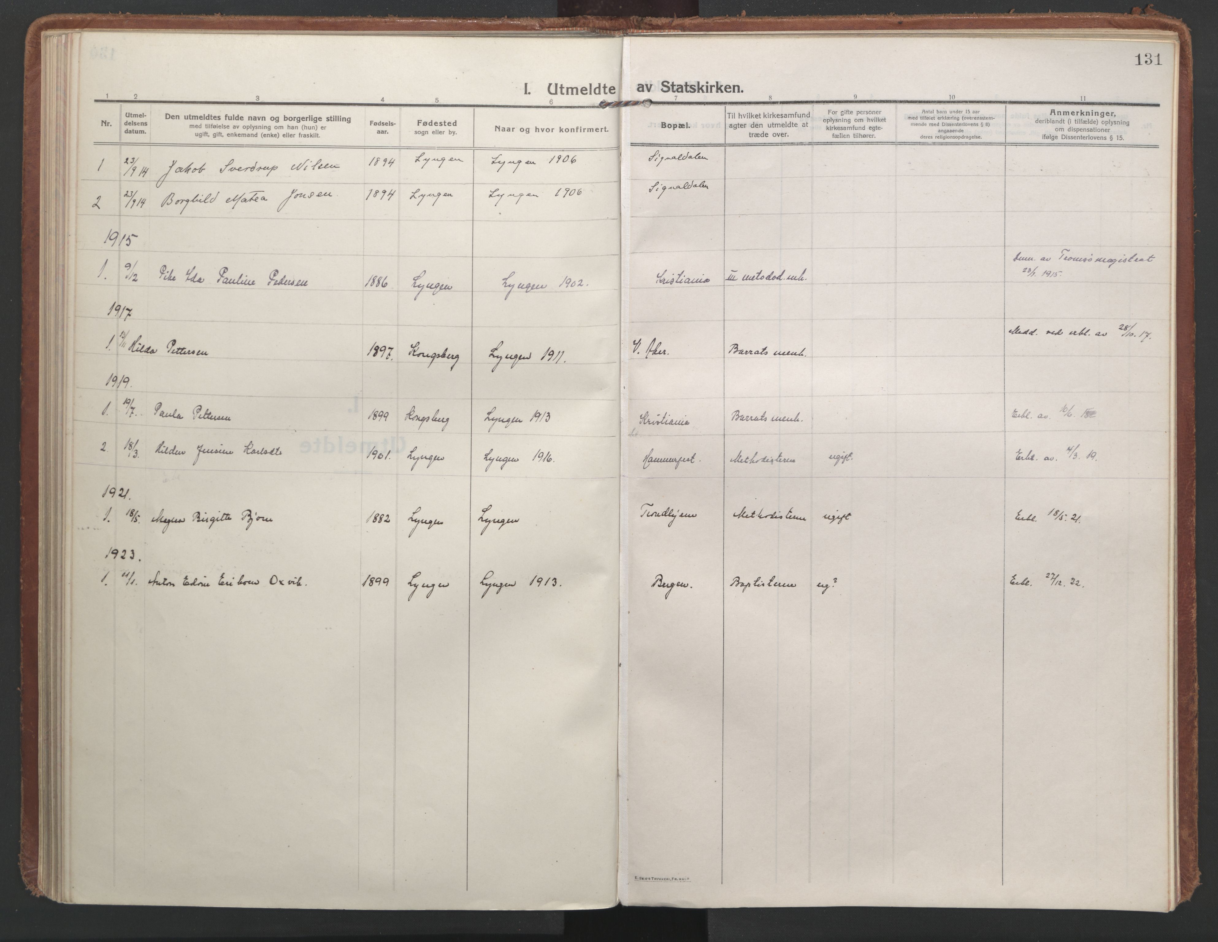 Lyngen sokneprestembete, AV/SATØ-S-1289/H/He/Hea/L0013kirke: Parish register (official) no. 13, 1914-1923, p. 131