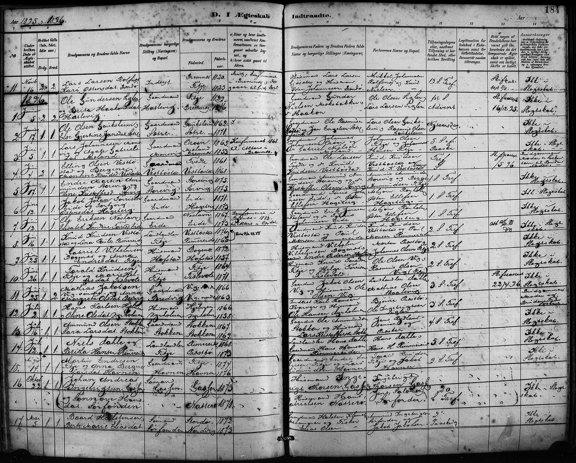 Fitjar sokneprestembete, SAB/A-99926: Parish register (official) no. A 2, 1882-1899, p. 184