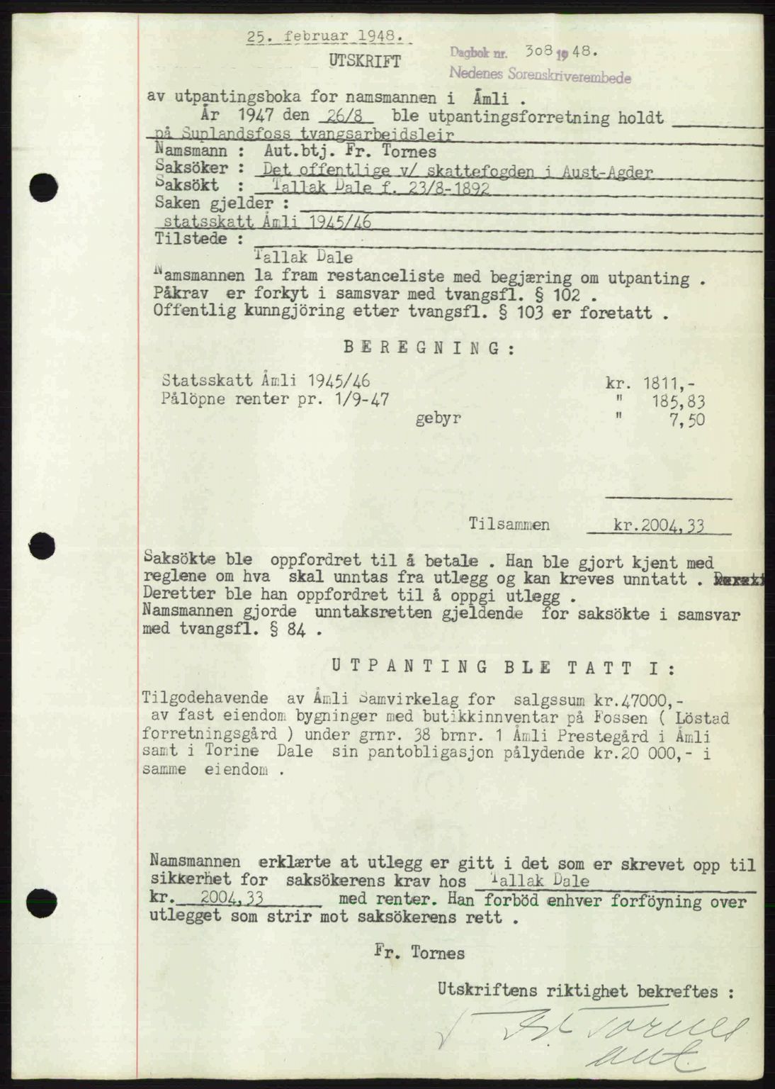 Nedenes sorenskriveri, AV/SAK-1221-0006/G/Gb/Gba/L0058: Mortgage book no. A10, 1947-1948, Diary no: : 308/1948