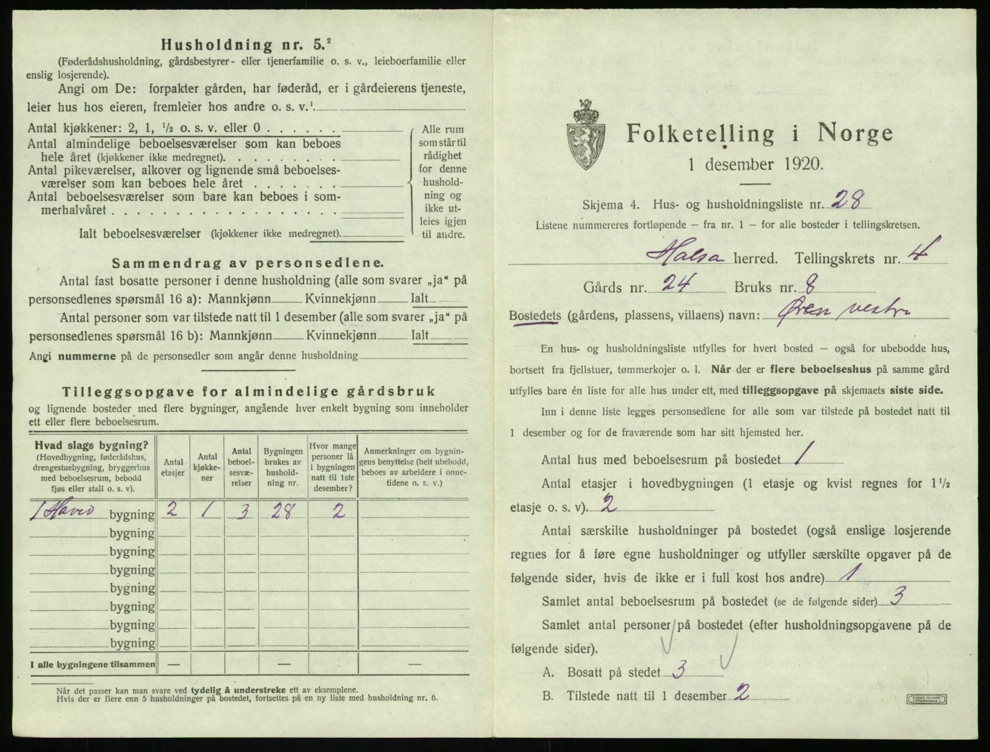 SAT, 1920 census for Halsa, 1920, p. 282