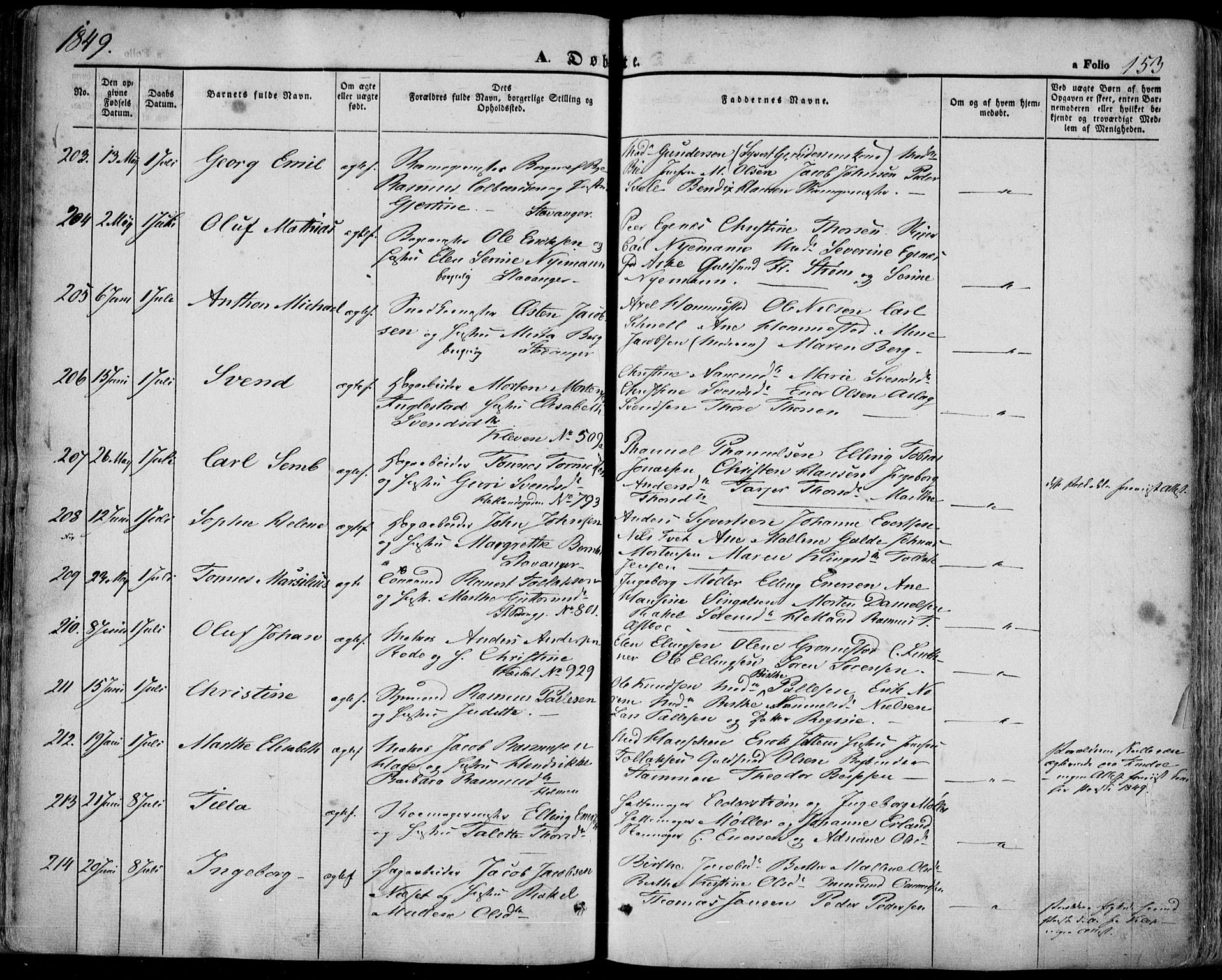 Domkirken sokneprestkontor, SAST/A-101812/001/30/30BA/L0016: Parish register (official) no. A 15, 1844-1854, p. 153